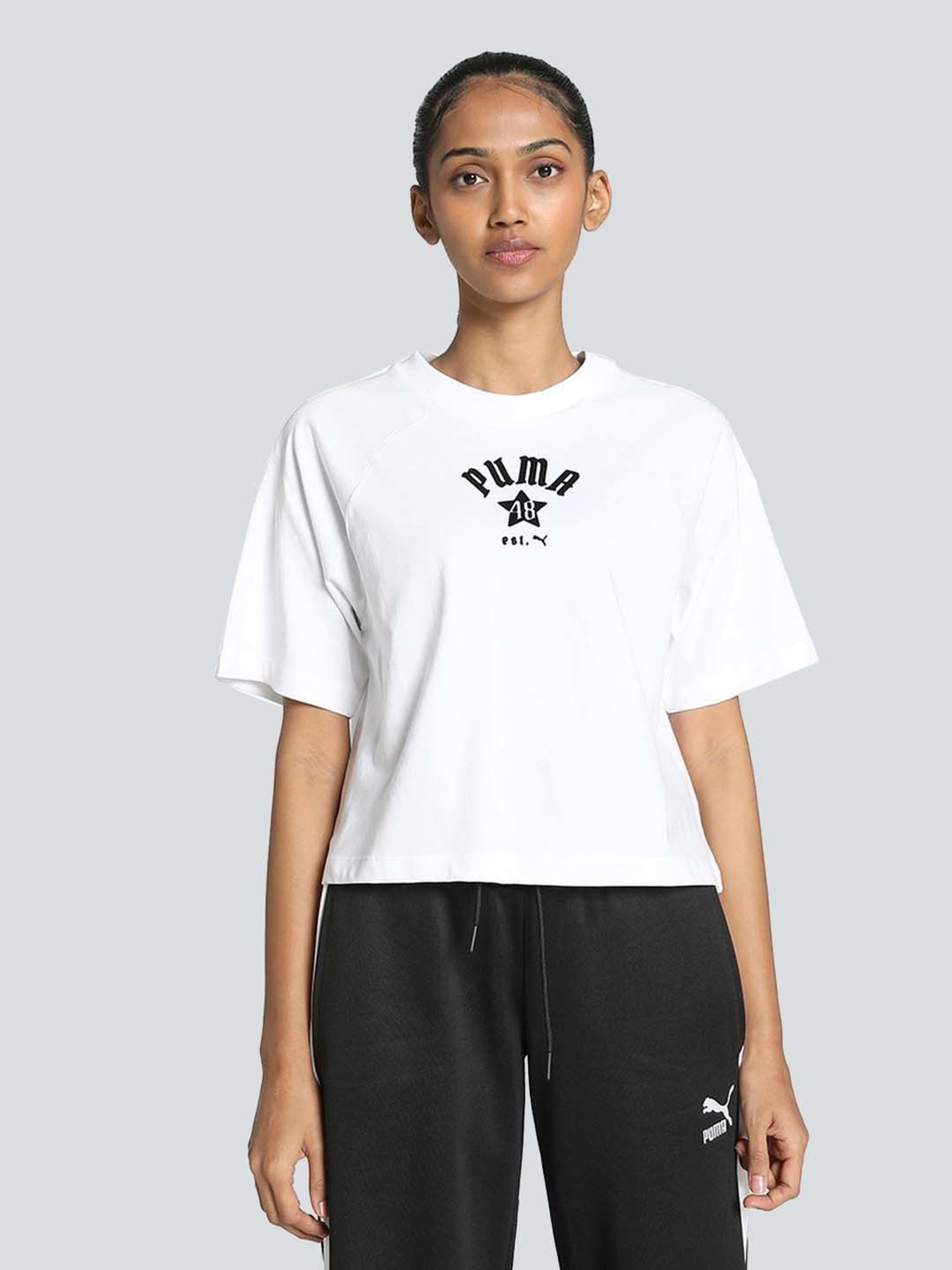 Puma White Cotton Printed T-Shirt