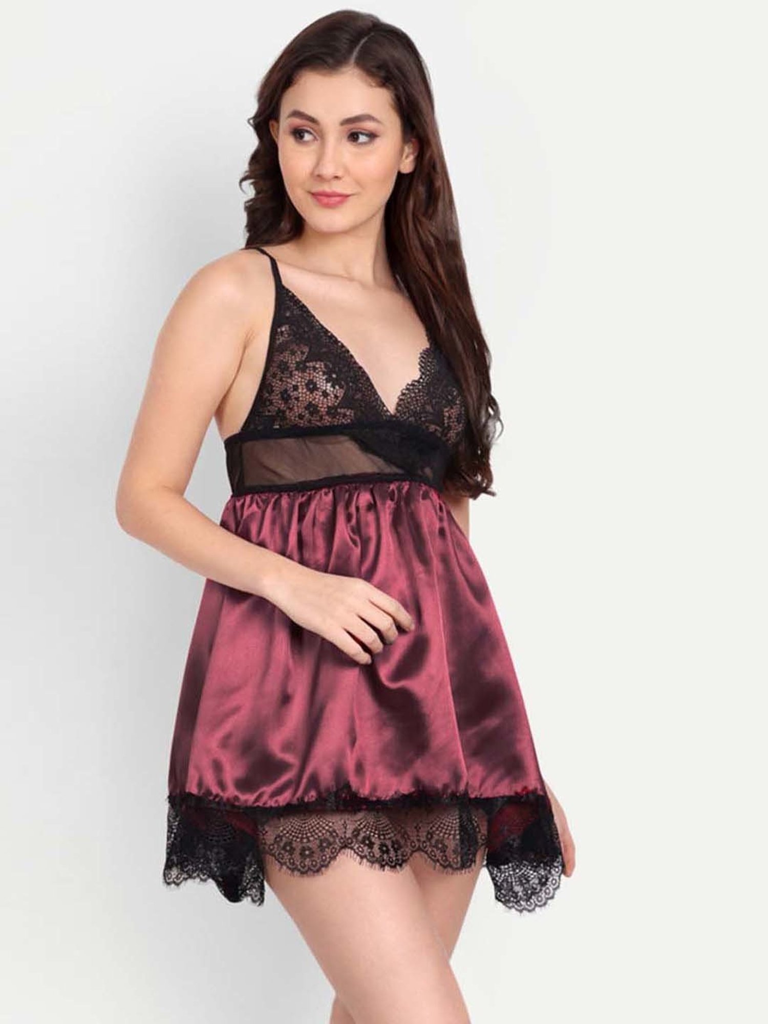 FIMS: Fashion is my Style Maroon Lace Work Babydoll With Thong