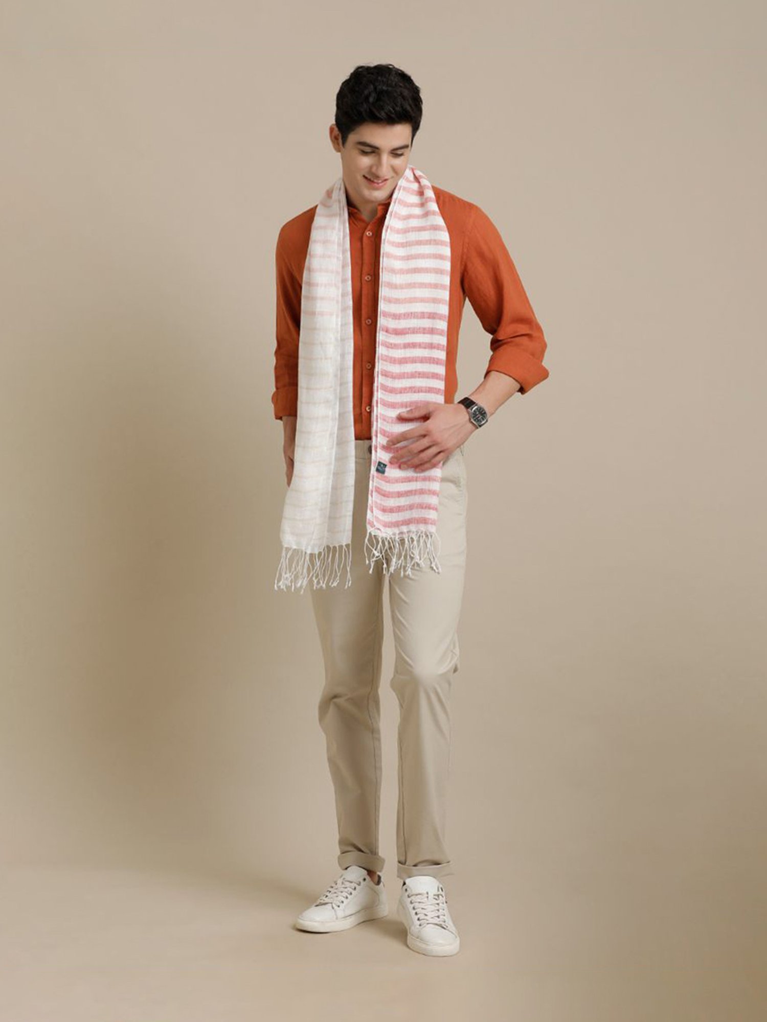 Linen Club Red Striped Pure Linen Stole
