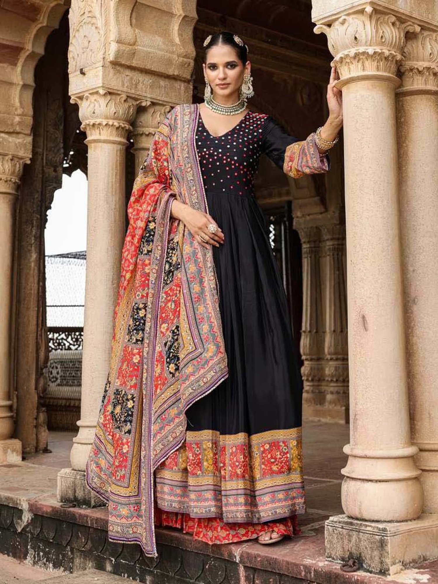 SCAKHI Black Embellished Maxi Dress With Dupatta