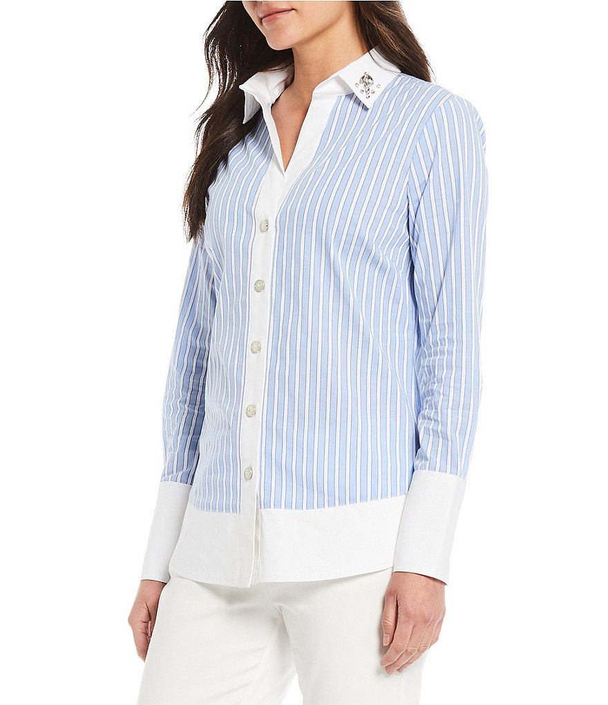 Preston & York Caroline Bow Woven V-Neck 3/4 Sleeve Blouse