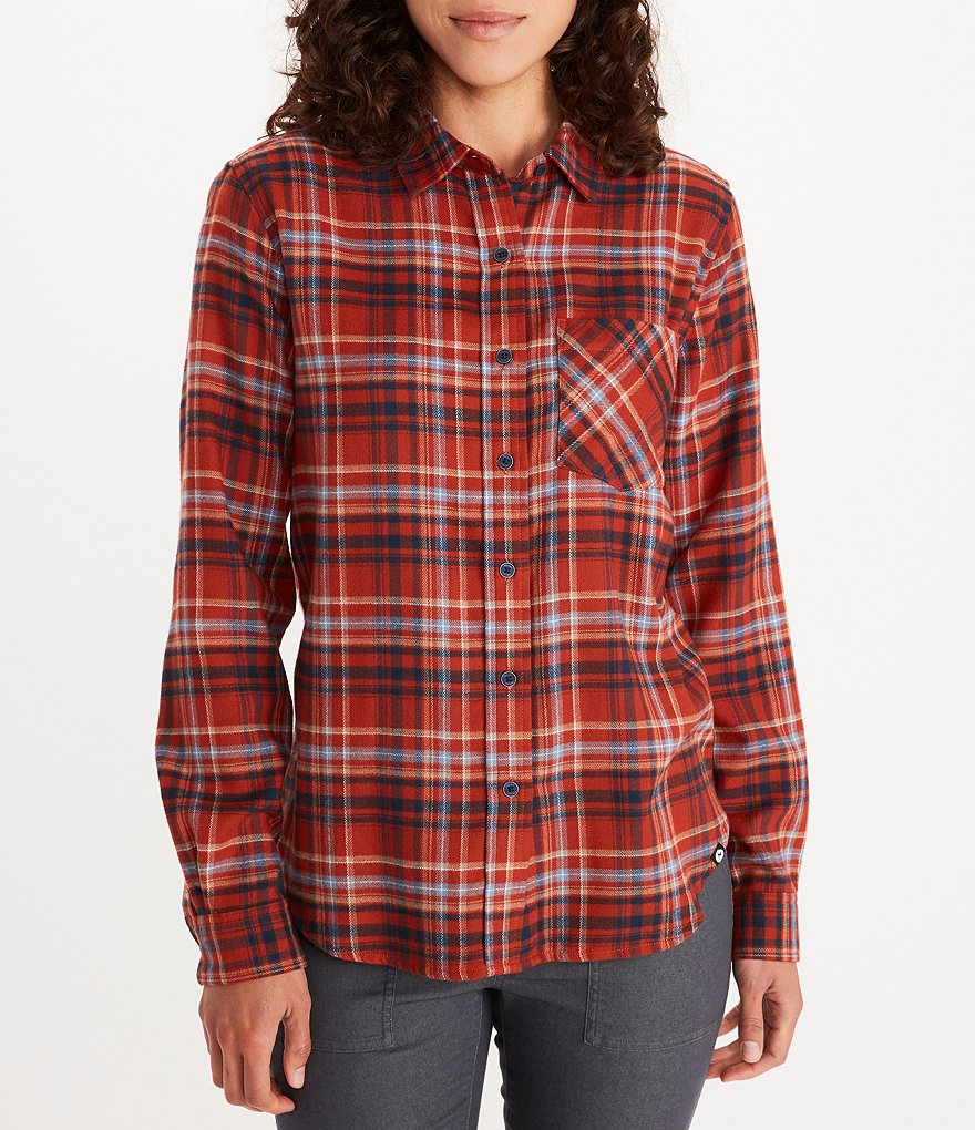Marmot Maggie Lightweight Flannel Long Sleeve Point Collar Neck Button Front Cotton Blend Shirt