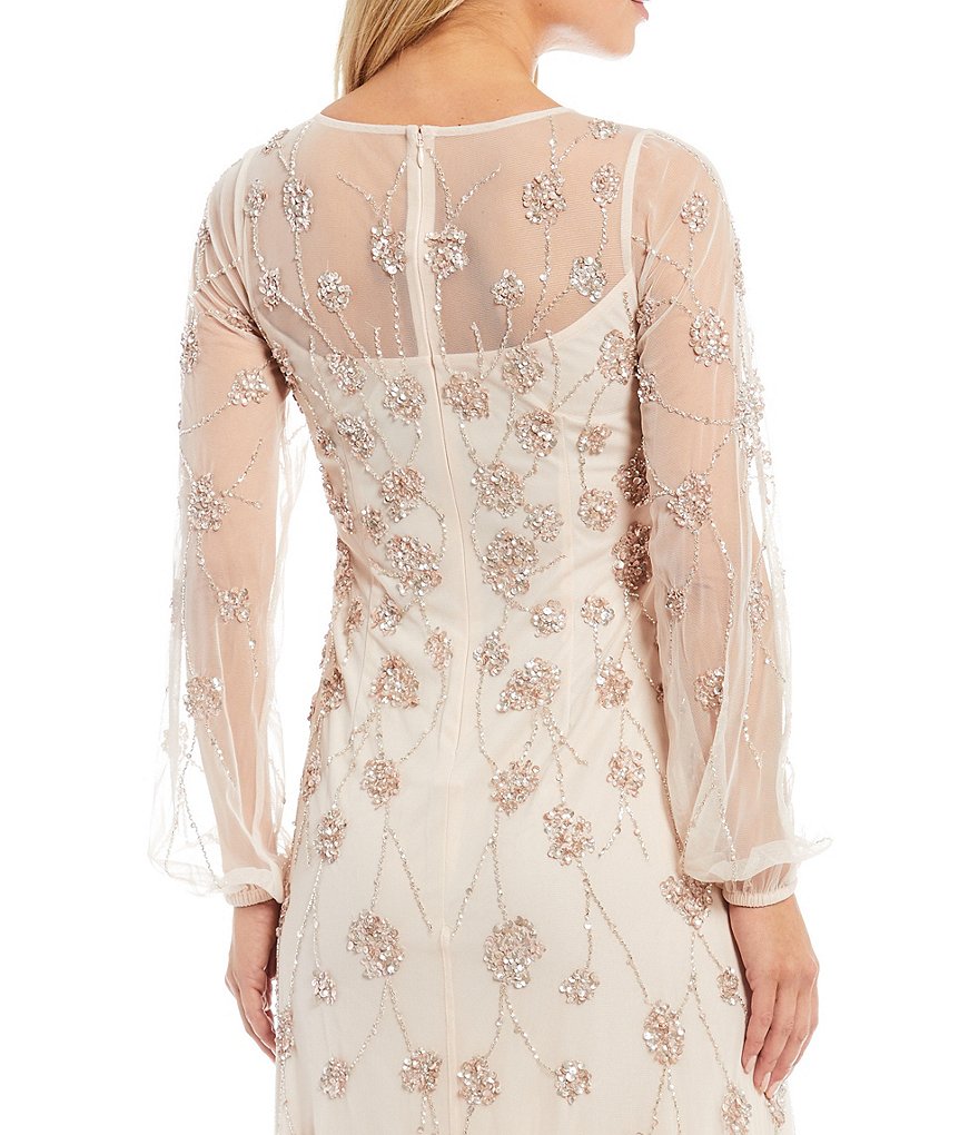 Adrianna Papell Beaded A-Line Long Sleeve Boat Neck Gown