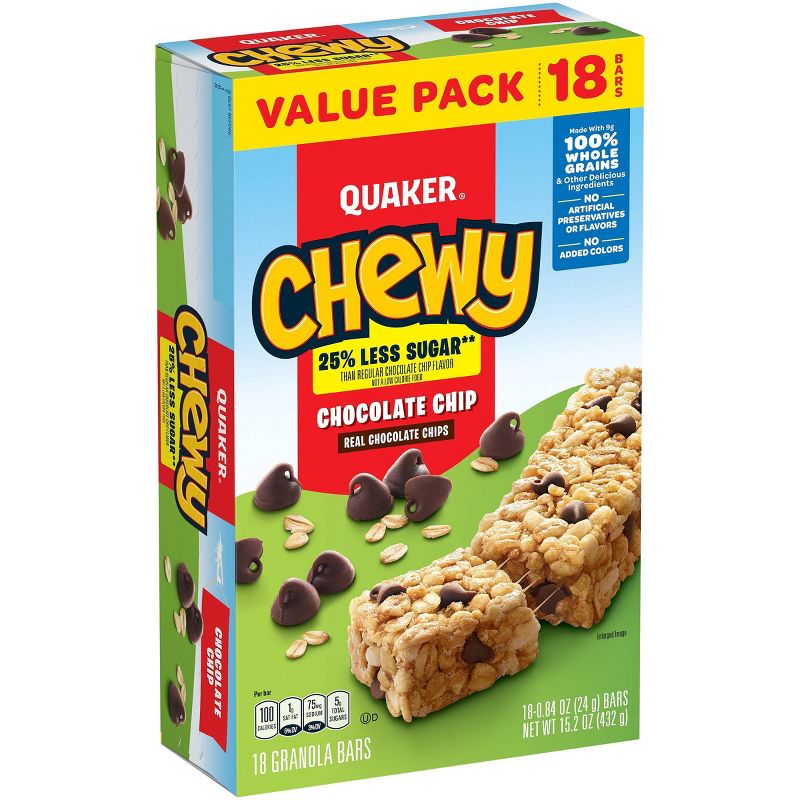 Quaker Chewy Reduced Sugar Choc Chip - 15.2oz/18ct