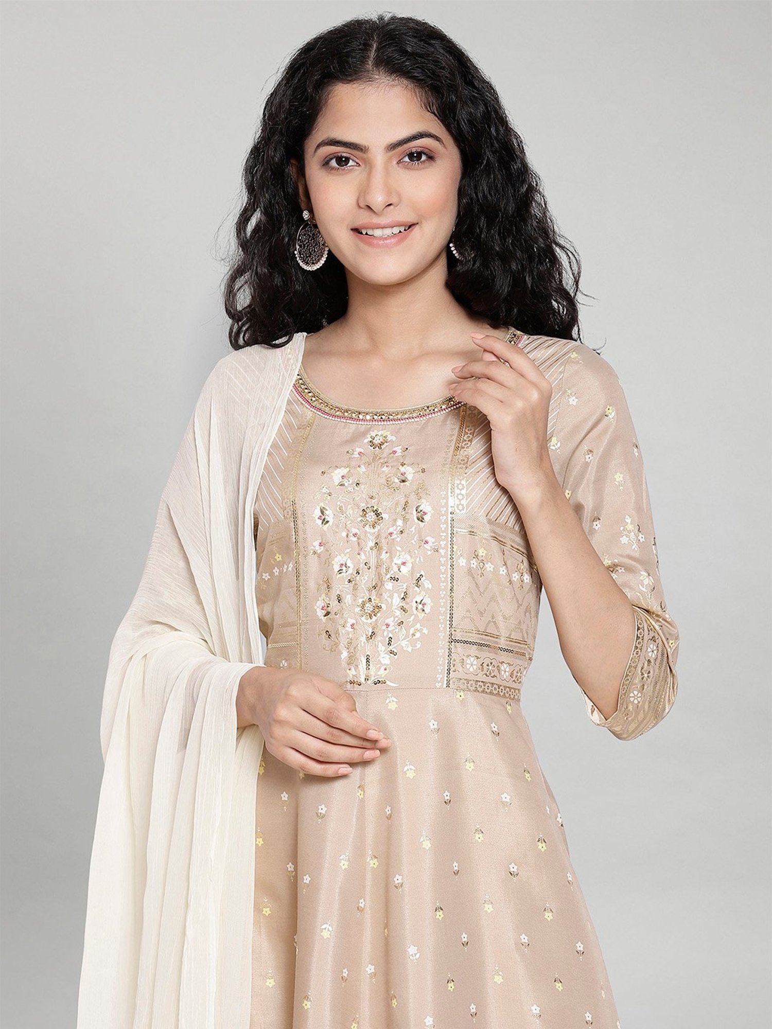 Aurelia Beige Printed Kurta & Tight With Dupatta