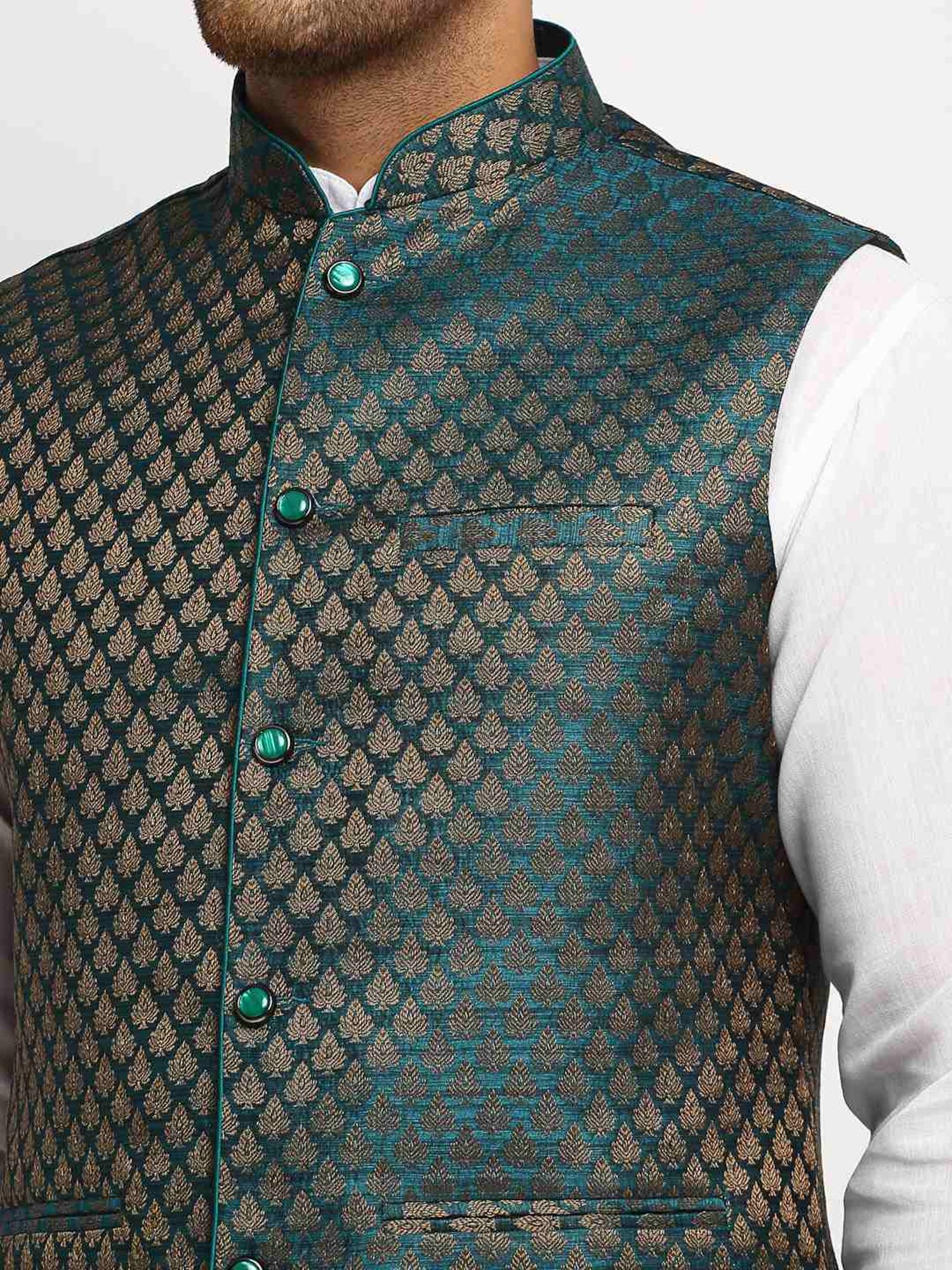Treemoda Dark Green Regular Fit Self Pattern Nehru Jacket