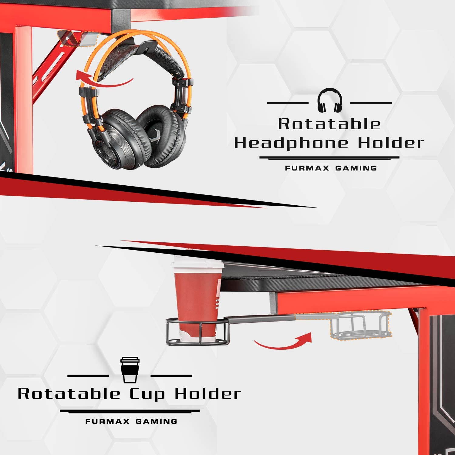 Furmax 55 Inch Gaming Desk T-Shaped PC Computer Table, Home Office Desk Carbon Fibre Surface Workstation with Free Full Coverage Mouse Pad, Cup Holder and Headphone Hook (Red)