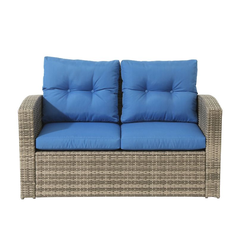 6pc Wicker Rattan Patio Sofa Set with Blue Cushions - Accent Furniture