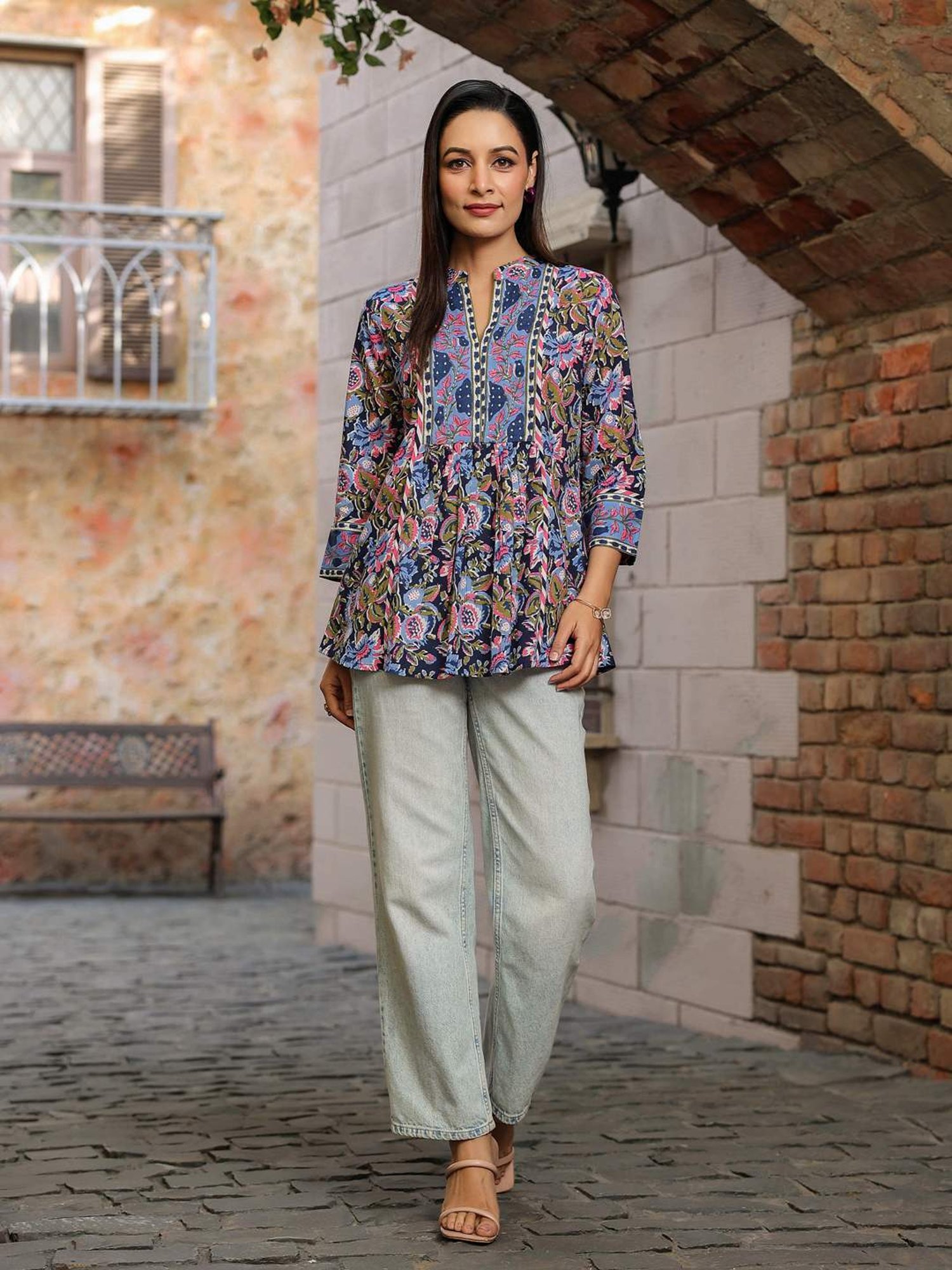 Rain and Rainbow Blue Cotton Floral Print Top