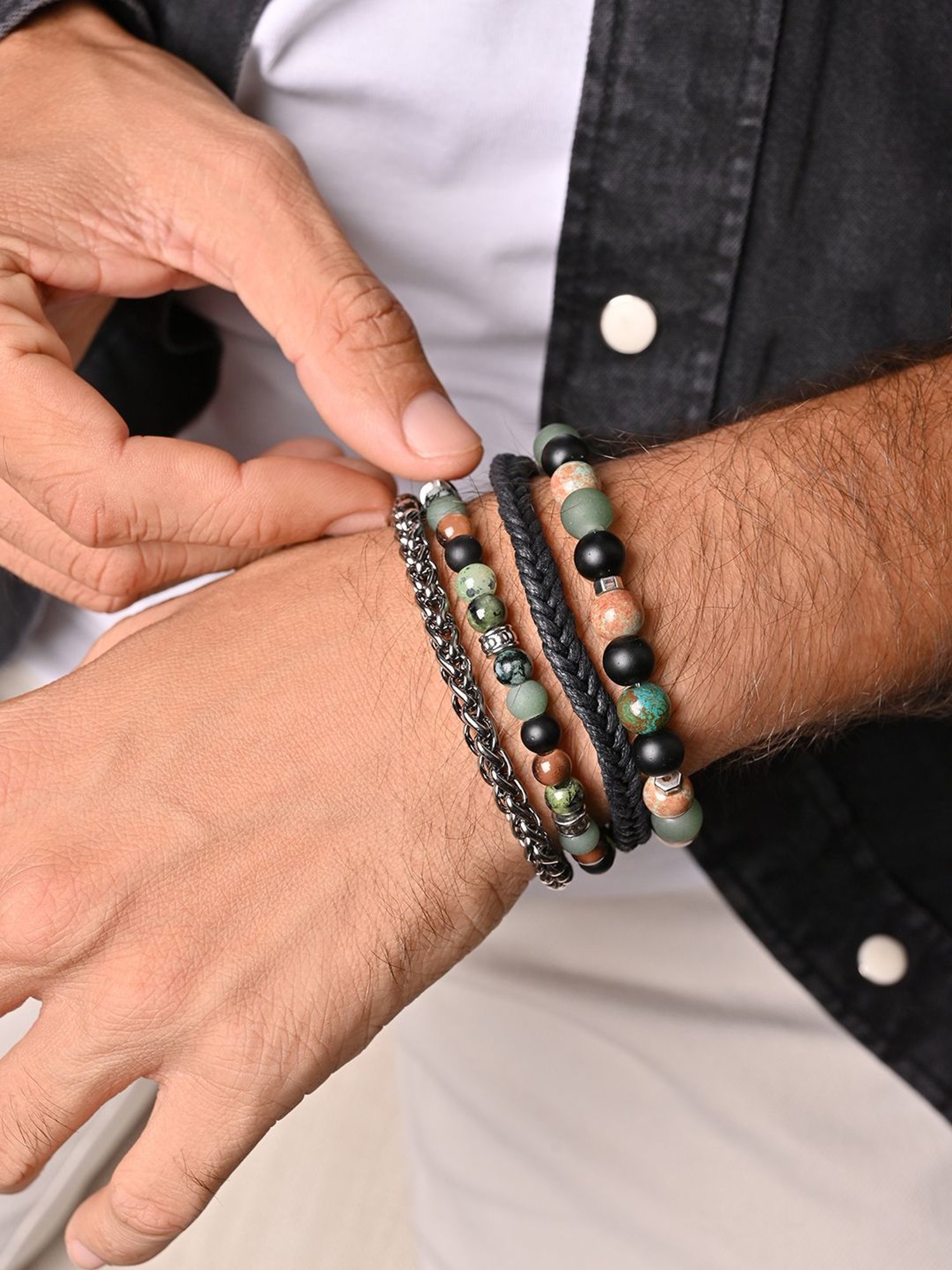 The Bro Code Aqua Green Party Men's Beaded, Cuban Link with Fabric Knotted Stack Bracelet - Set of 4