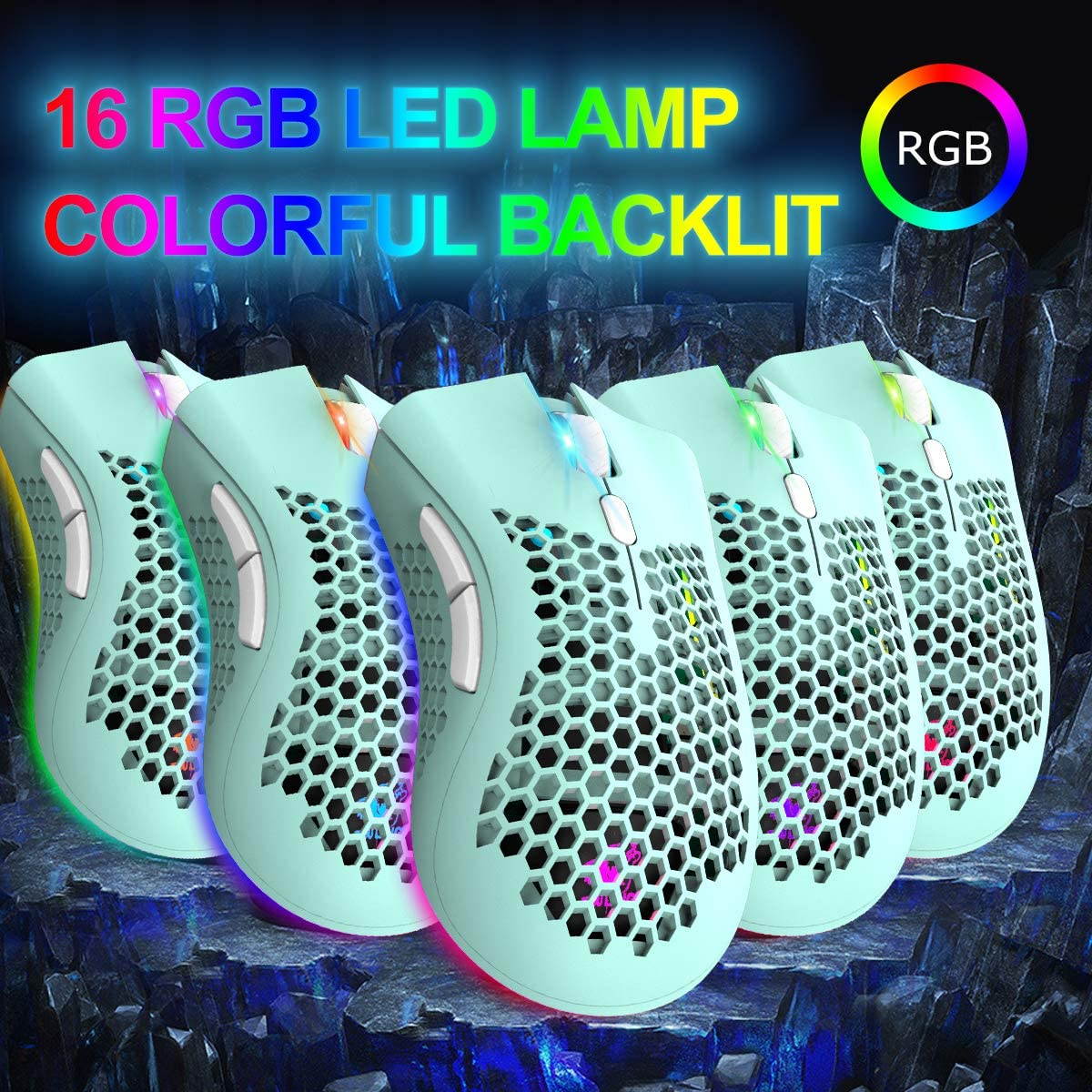 Wireless Lightweight Gaming Mouse Honeycomb with 7 Button Multi RGB Backlit Perforated Ergonomic Shell Optical Sensor Adjustable DPI Rechargeable 800 mAh Battery USB Receiver for PC Mac Gamer