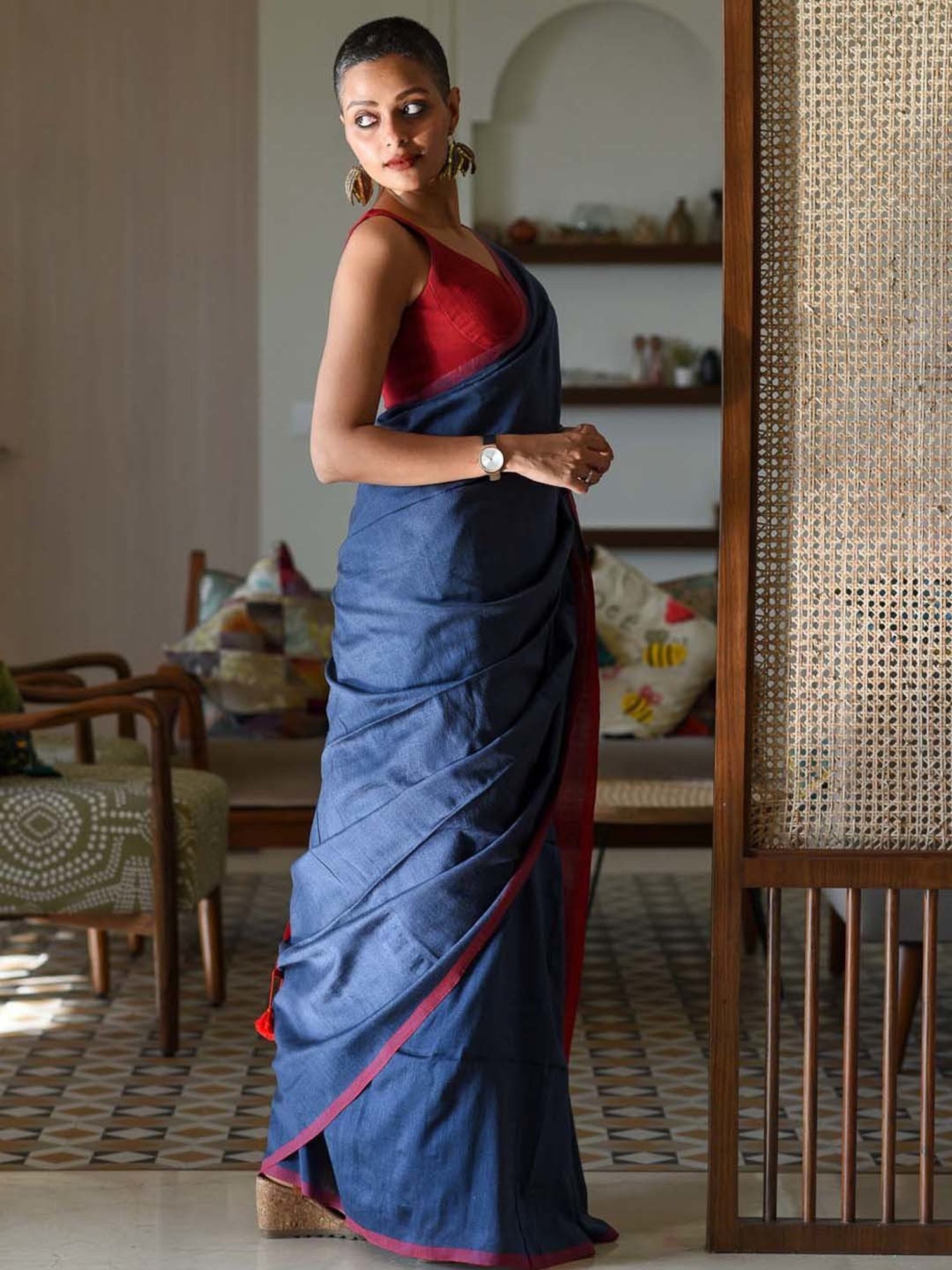 Suta Blue & Red Woven Saree