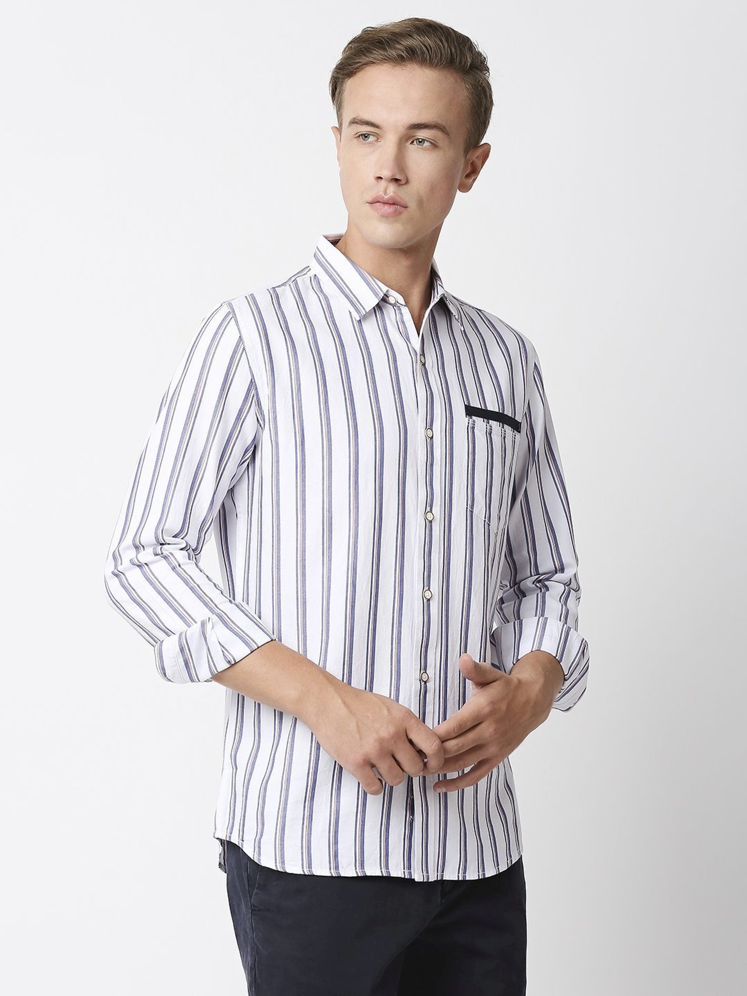 Solemio White Slim Fit Striped Shirt