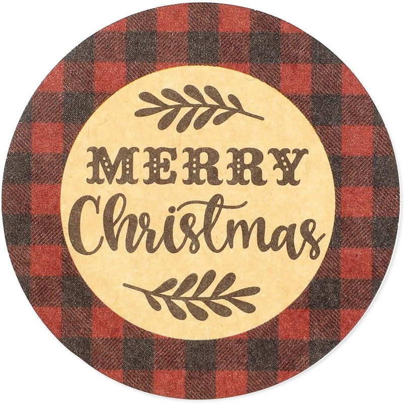 Pipilo Press 500-Pack Merry Christmas Stickers Roll with Buffalo Plaid, Assorted Designs (1.5 in)