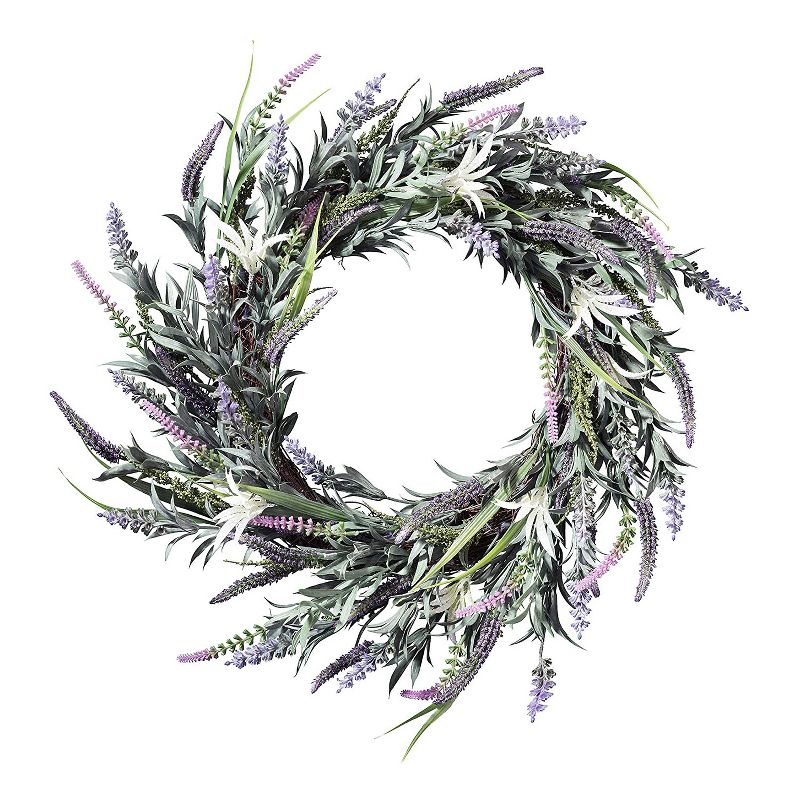 Haute Decor 24 Inch Indoor Outdoor Spring Floral Mix Natural Grapevine Wreath with Lavender and Leaves with Hanging Loop, Multicolor