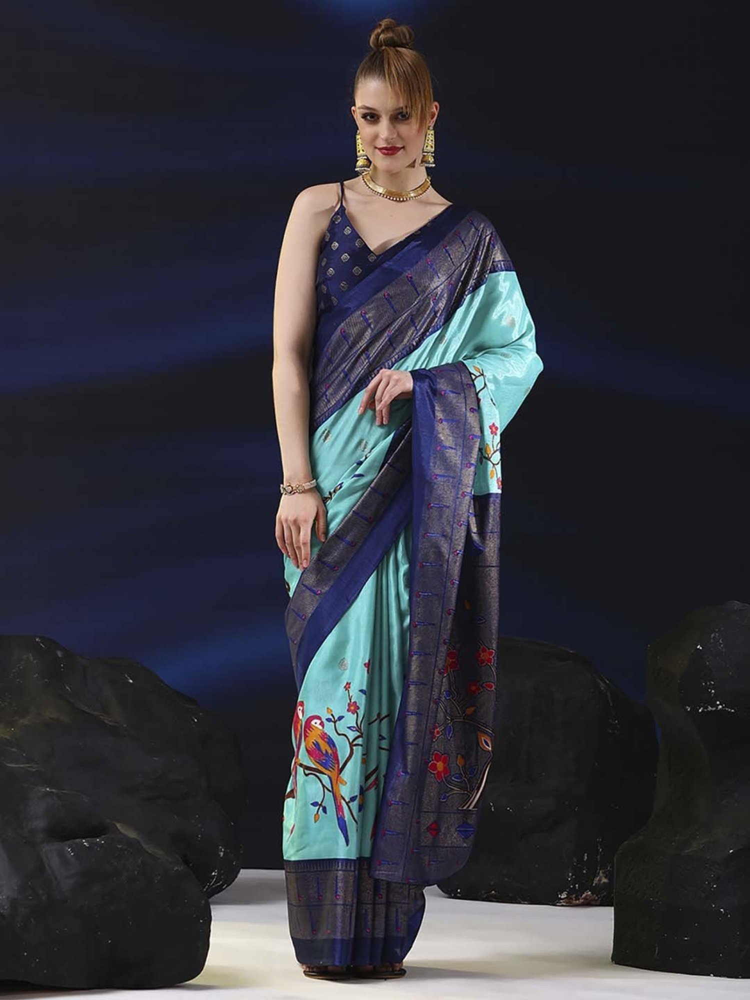 Saree Mall Blue Silk Printed Saree With Unstitched Blouse