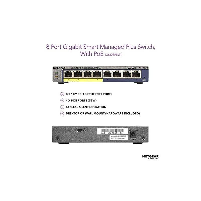 8Port Gigabit Ethernet Smart Managed Plus PoE Switch GS108PEv3 with 4 x PoE 53W and ProSAFE Limited Lifetime Protection