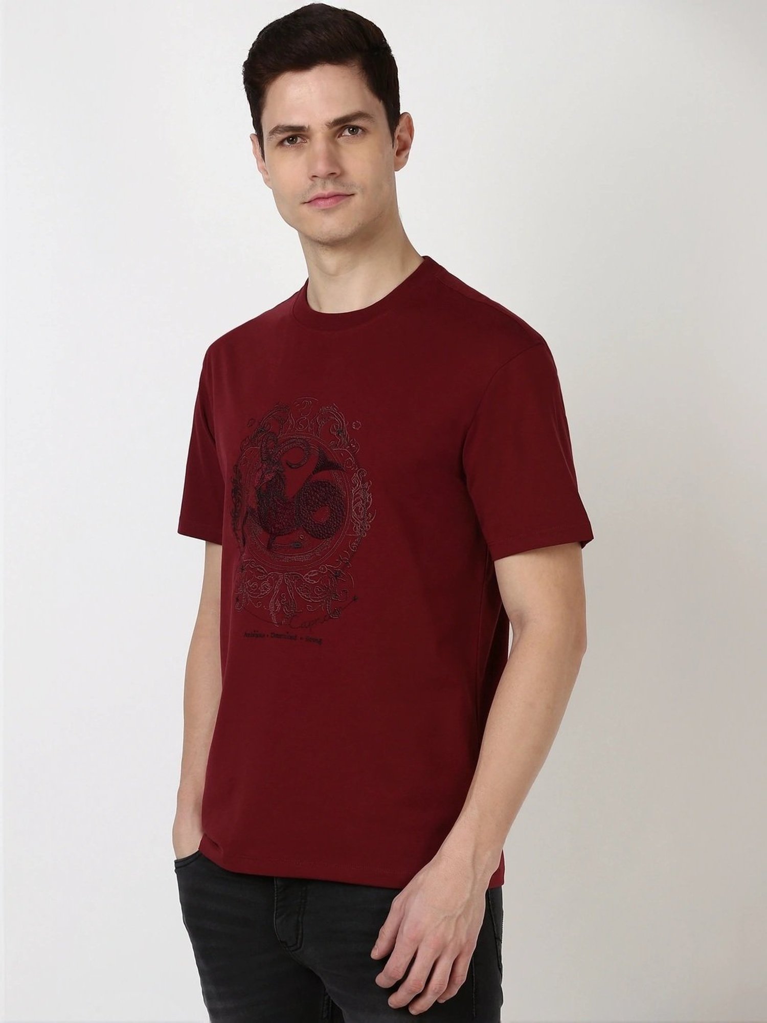 Peter England Casuals Maroon Cotton Regular Fit Embroidered T-Shirt