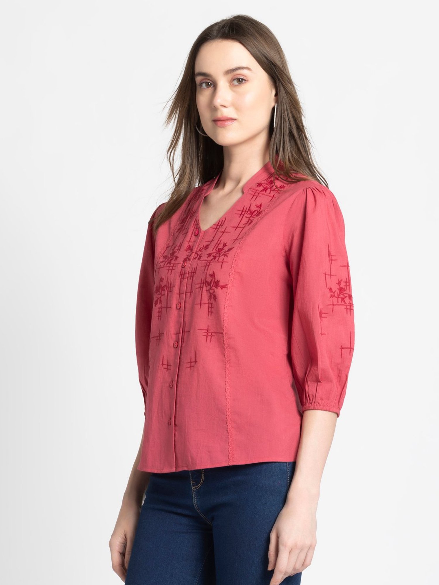 SHAYE Coral Cotton Embroidered Top