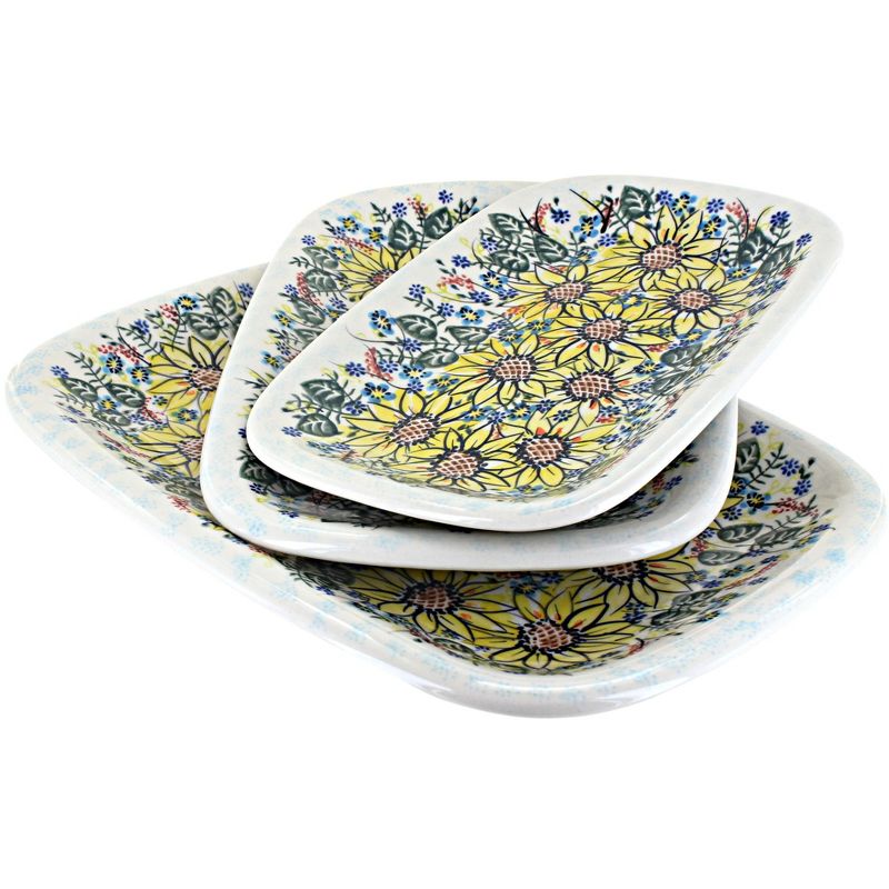 Blue Rose Polish Pottery Sunflower Maze 3 Piece Rectangular Serving Set