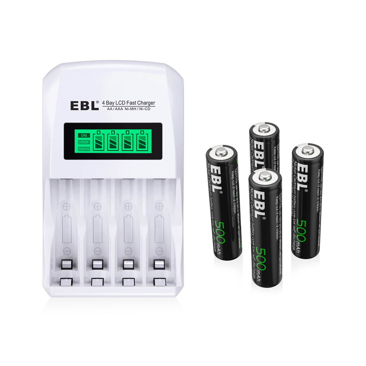 EBL 8 Pcs 500mAh 1.2V AAA Battery for TV Remotes + LCD Smart Individual 907 Battery Charger for AA AAA Ni-MH Ni-CD Rechargeable Batteries