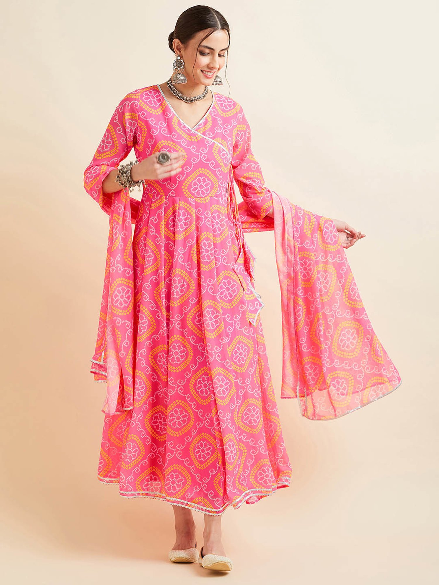 PANIT Pink Printed Ethnic Dress With Dupatta