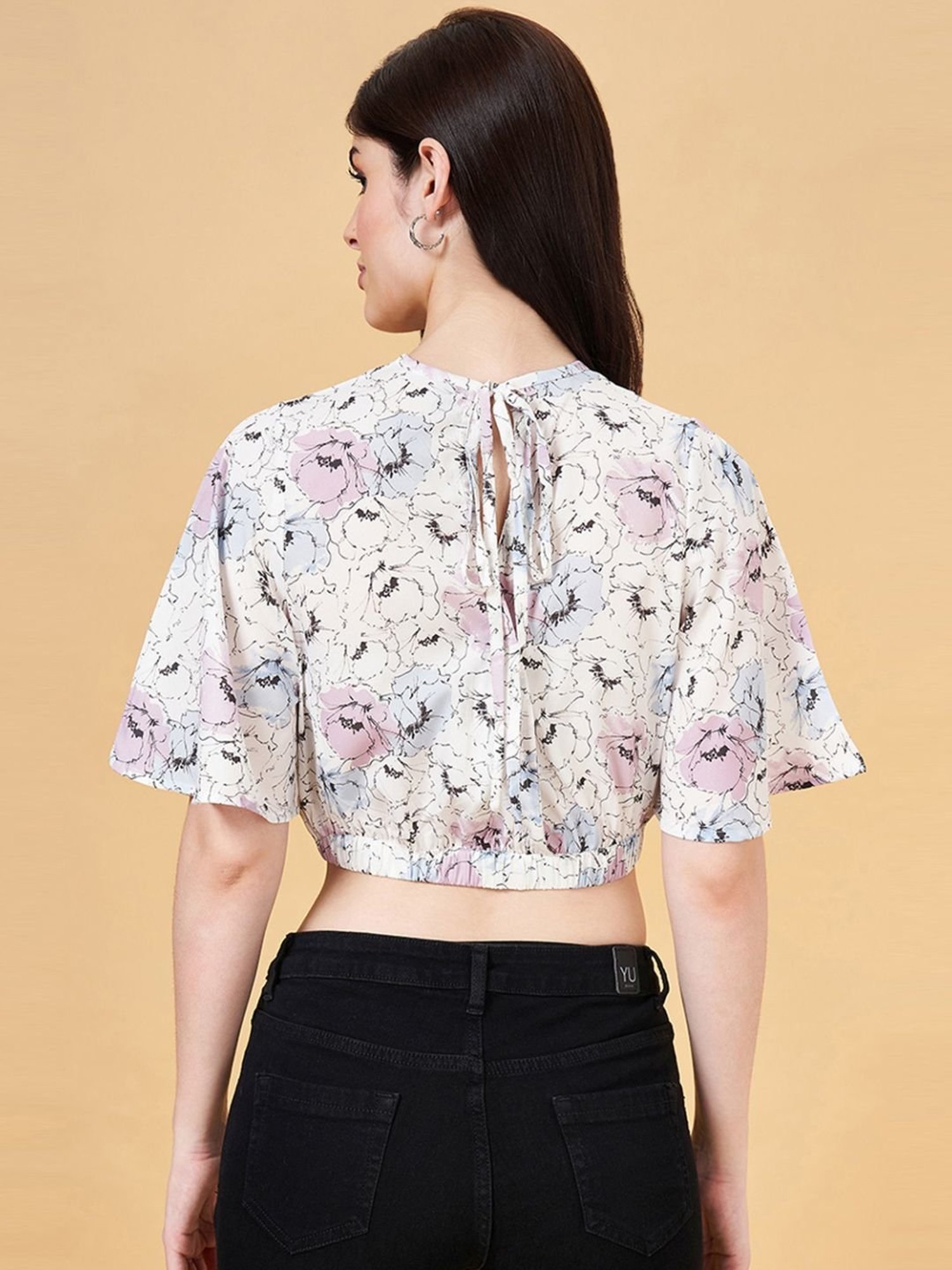 YU by Pantaloons White Cotton Printed Crop Top