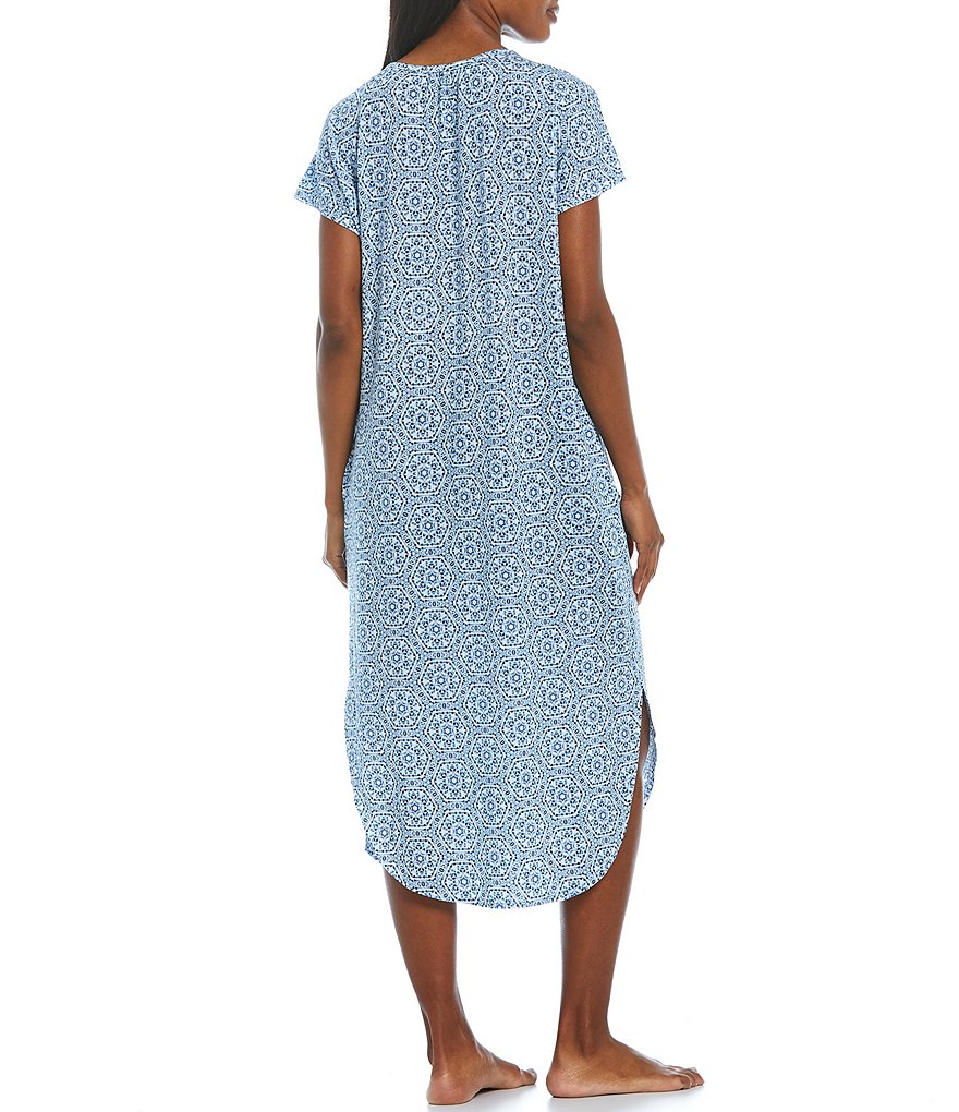 Donna Karan Sleepwear Solid Woven Pleated V Neck Long Chemise With Pockets