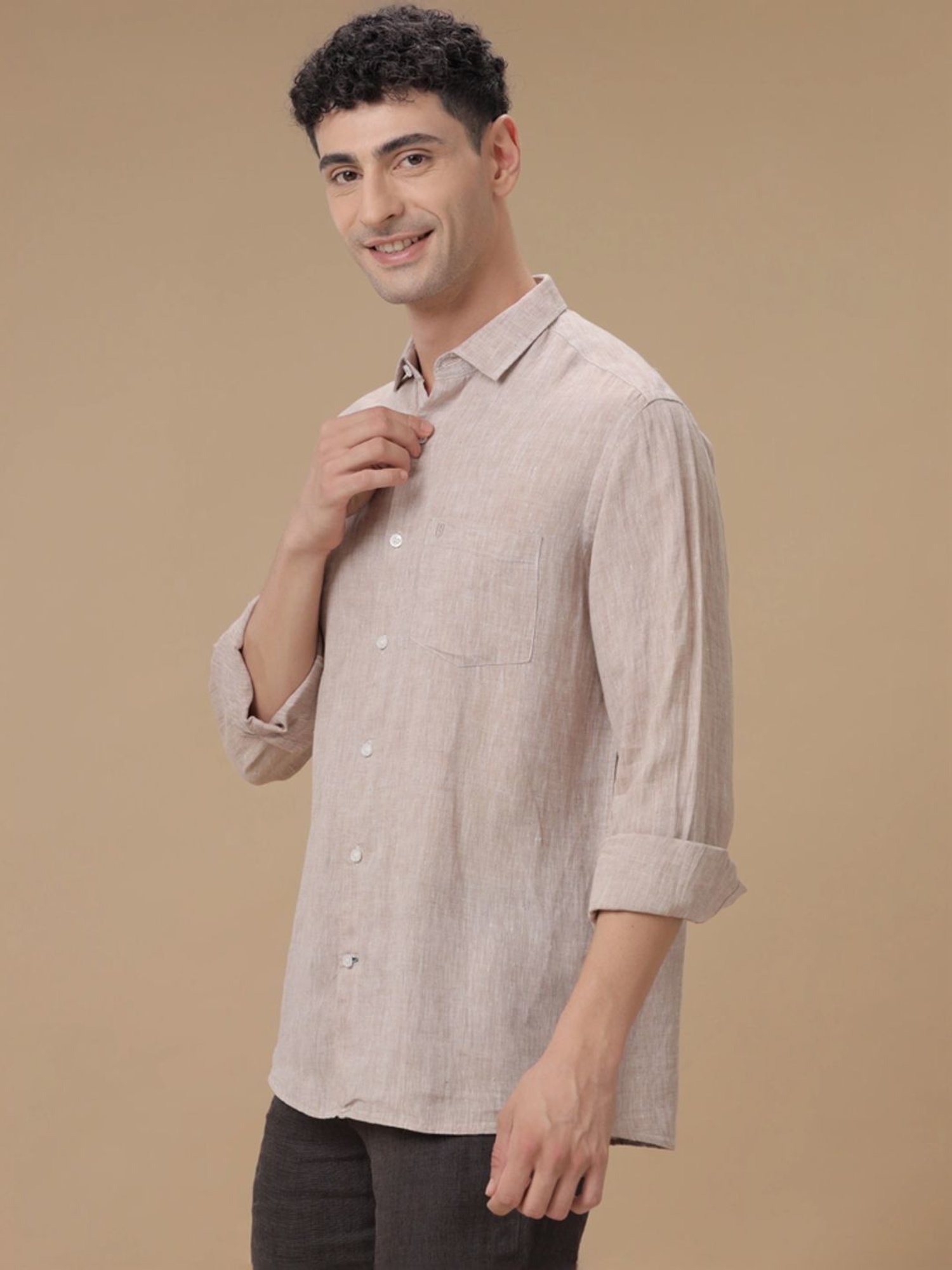 Linen Club Beige Linen Contemporary Fit Texture Shirt