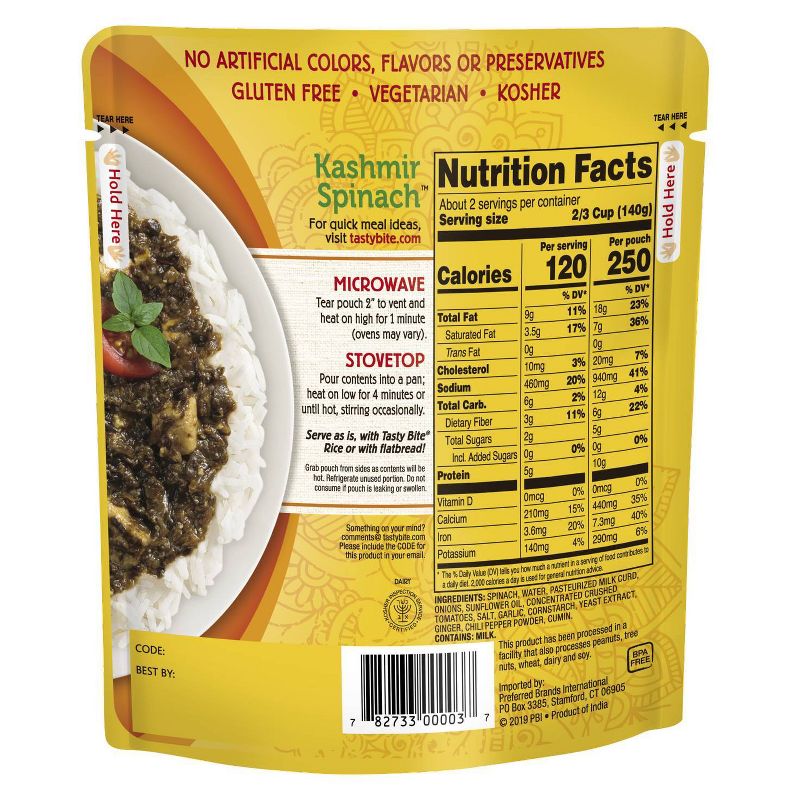 Tasty Bite 1 Step Kashmir Spinach Indian Cuisine 10oz