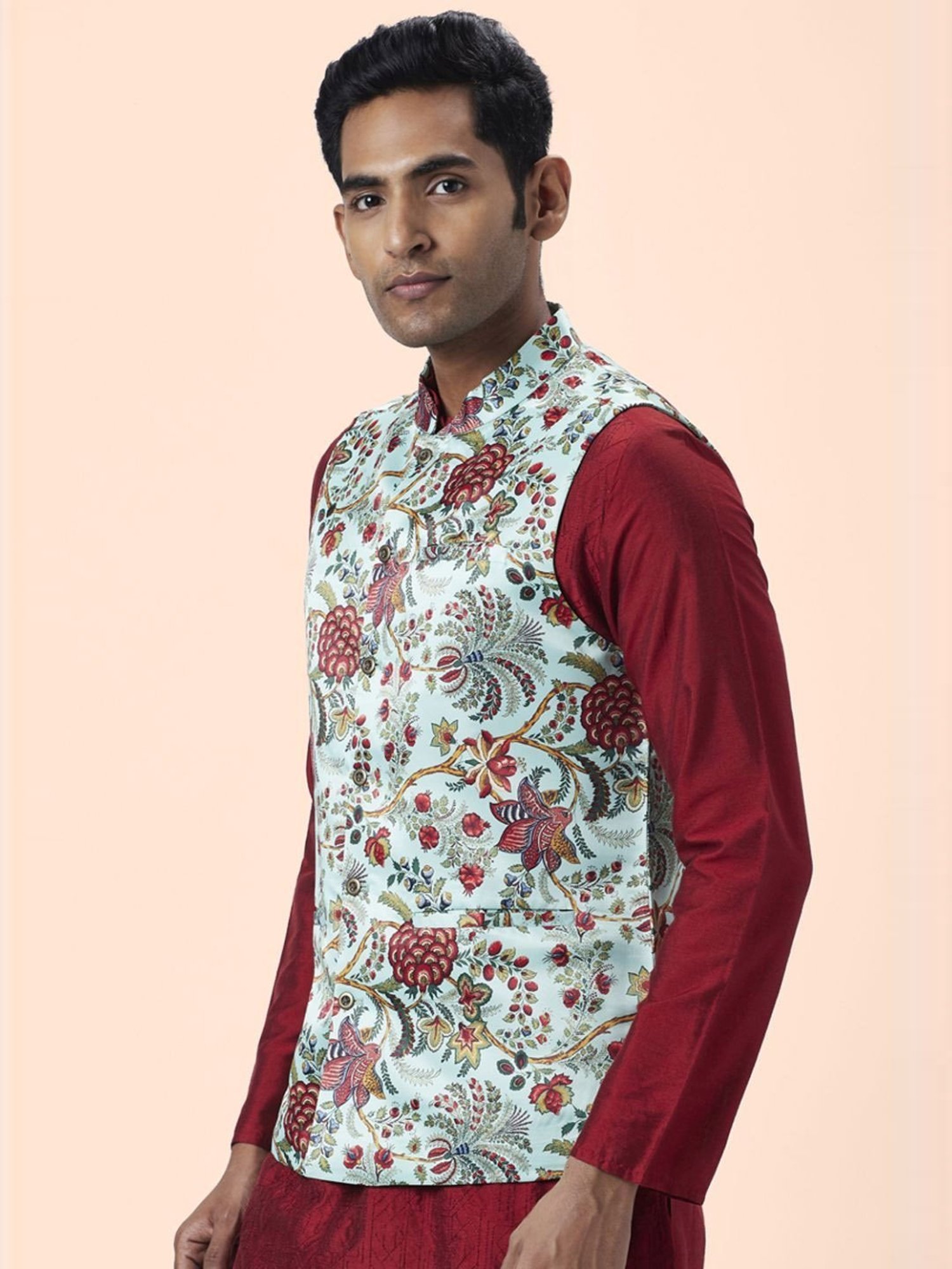 Indus Route By Pantaloons Pista Green Regular Fit Printed Nehru Jacket