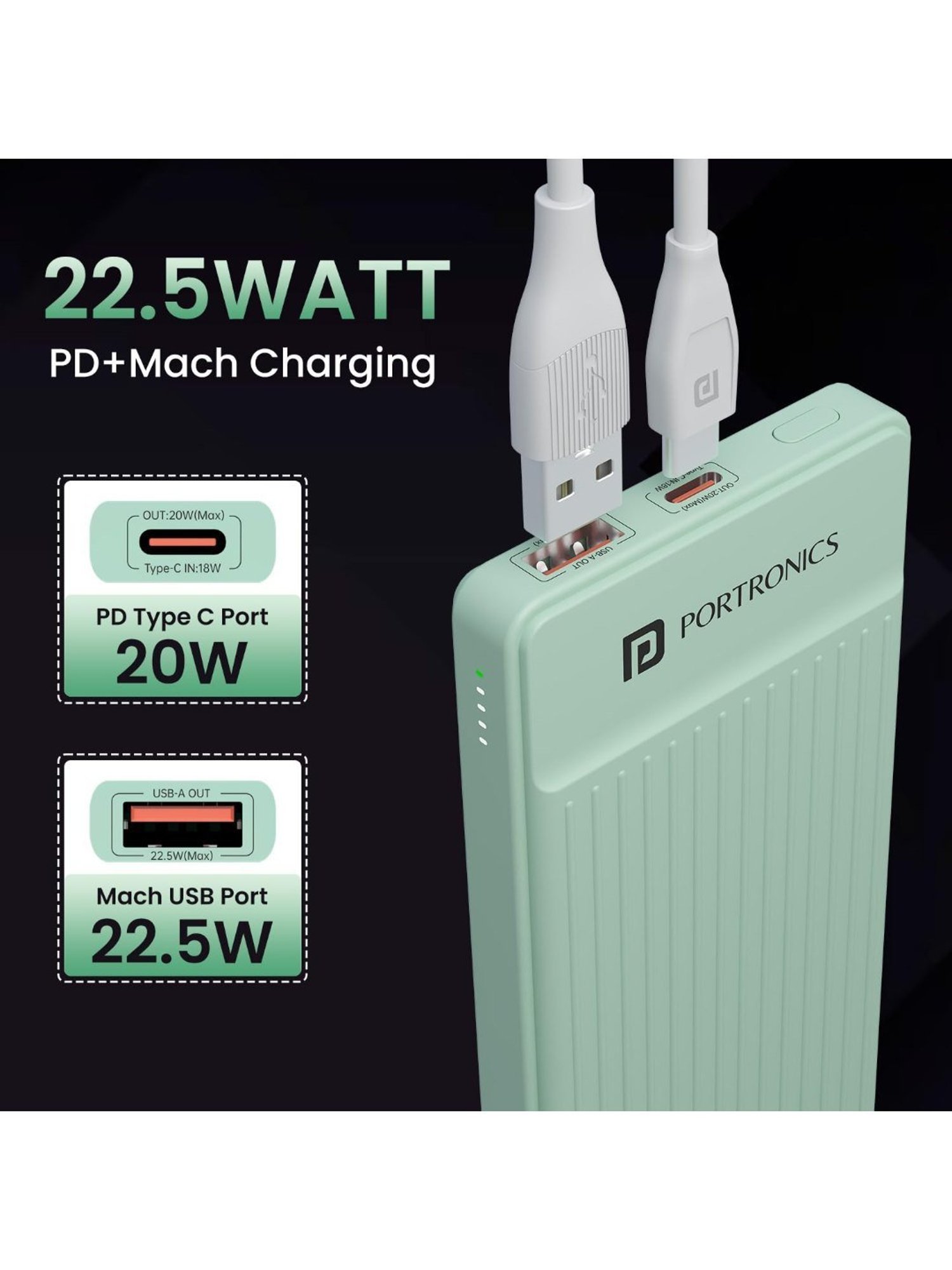 Portronics Luxcell B 10000mAh Power Bank 22.5W with Fast Charging & Mach USB A Output (Green)