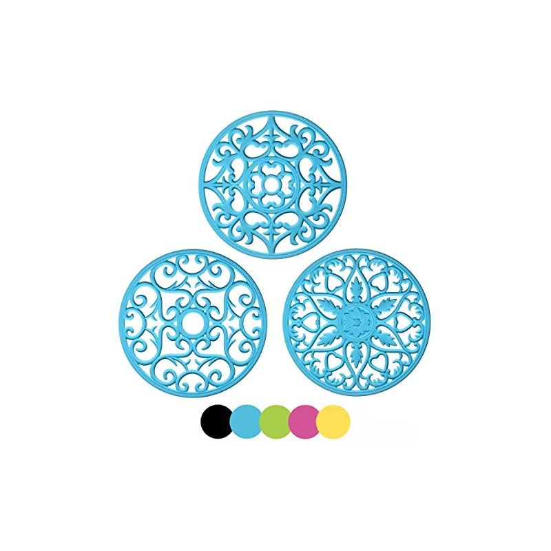 3 Set Silicone Multi-Use Intricately Carved Trivet Mat - Insulated Flexible Durable Non Slip Coasters (Blue)