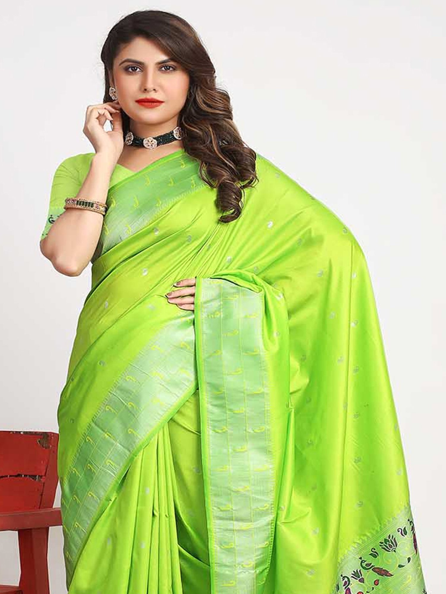 SHUBHKALA Green Silk Woven Saree With Unstitched Blouse