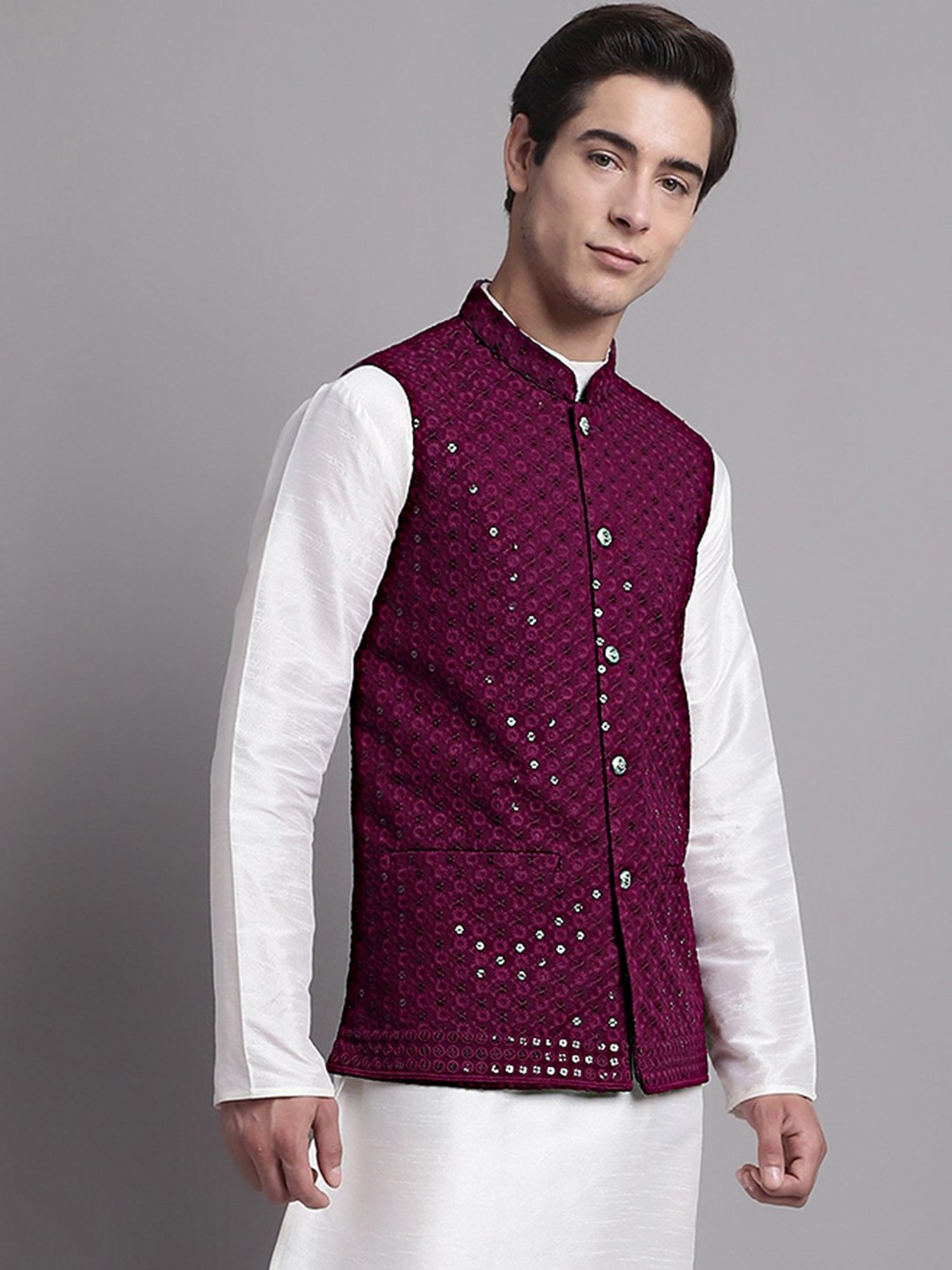 Jompers Purple Regular Fit Embroidered Nehru Jacket