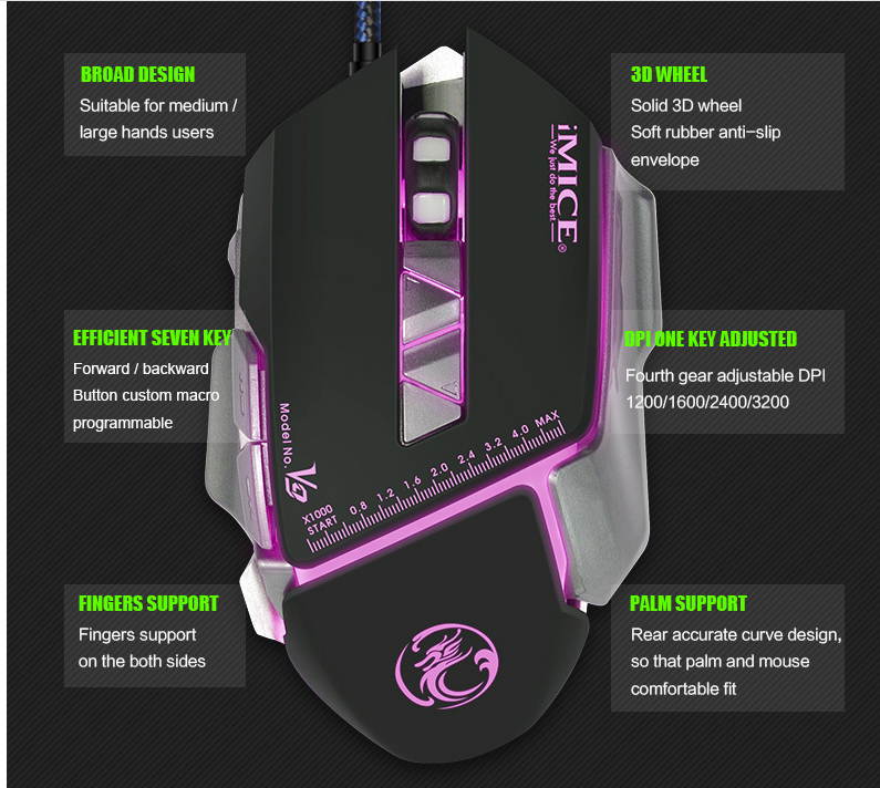 IMICE V9  Ergonomic Design, Cool Exterior 4-color Backlit 3200DPI Wired 7-Button Gaming Mouse Macro Custom - White