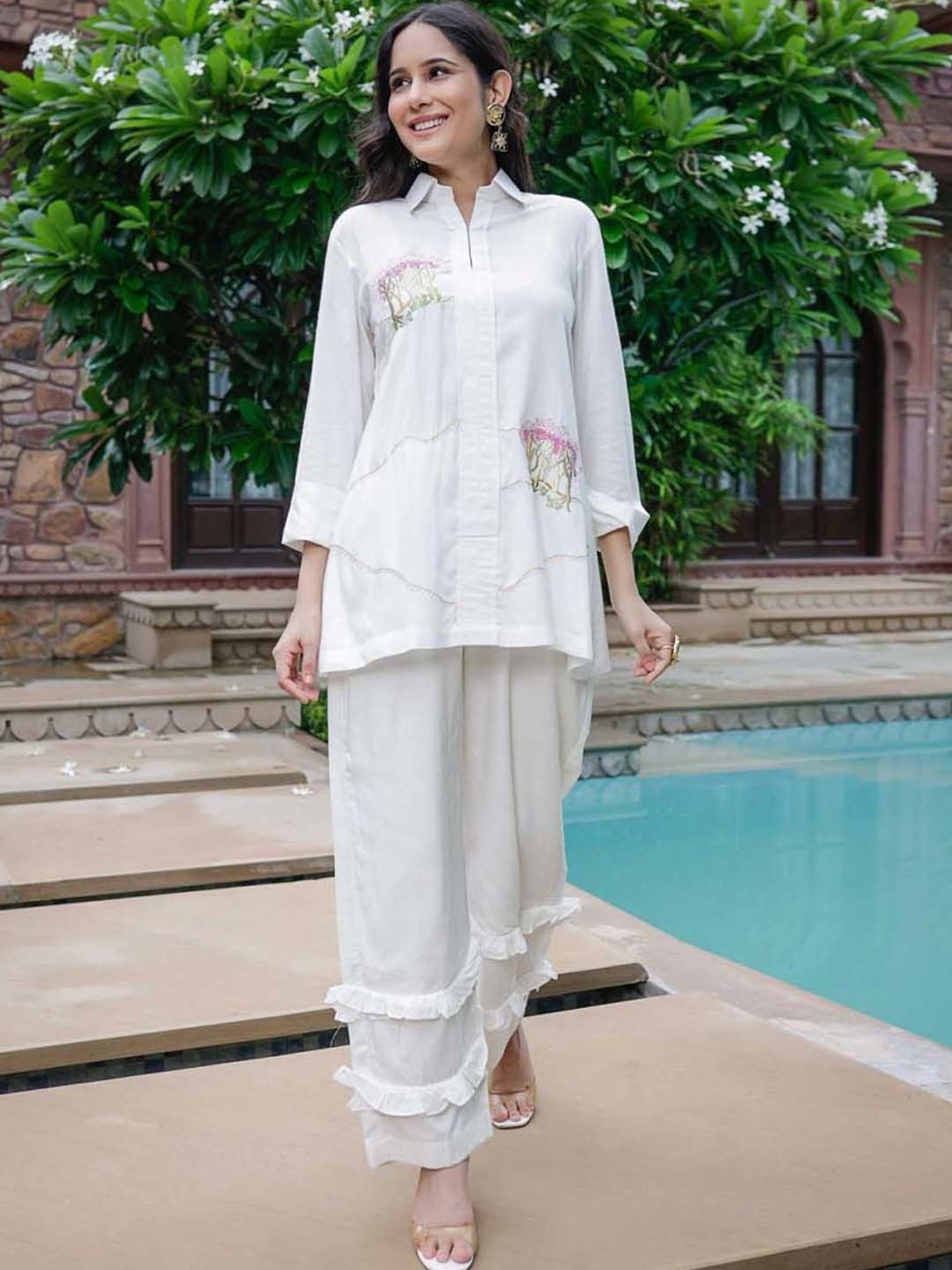 Artagai Midnight Navy Elevated Basics Co-Ord Set With Notch Collar Top And Straight Pants