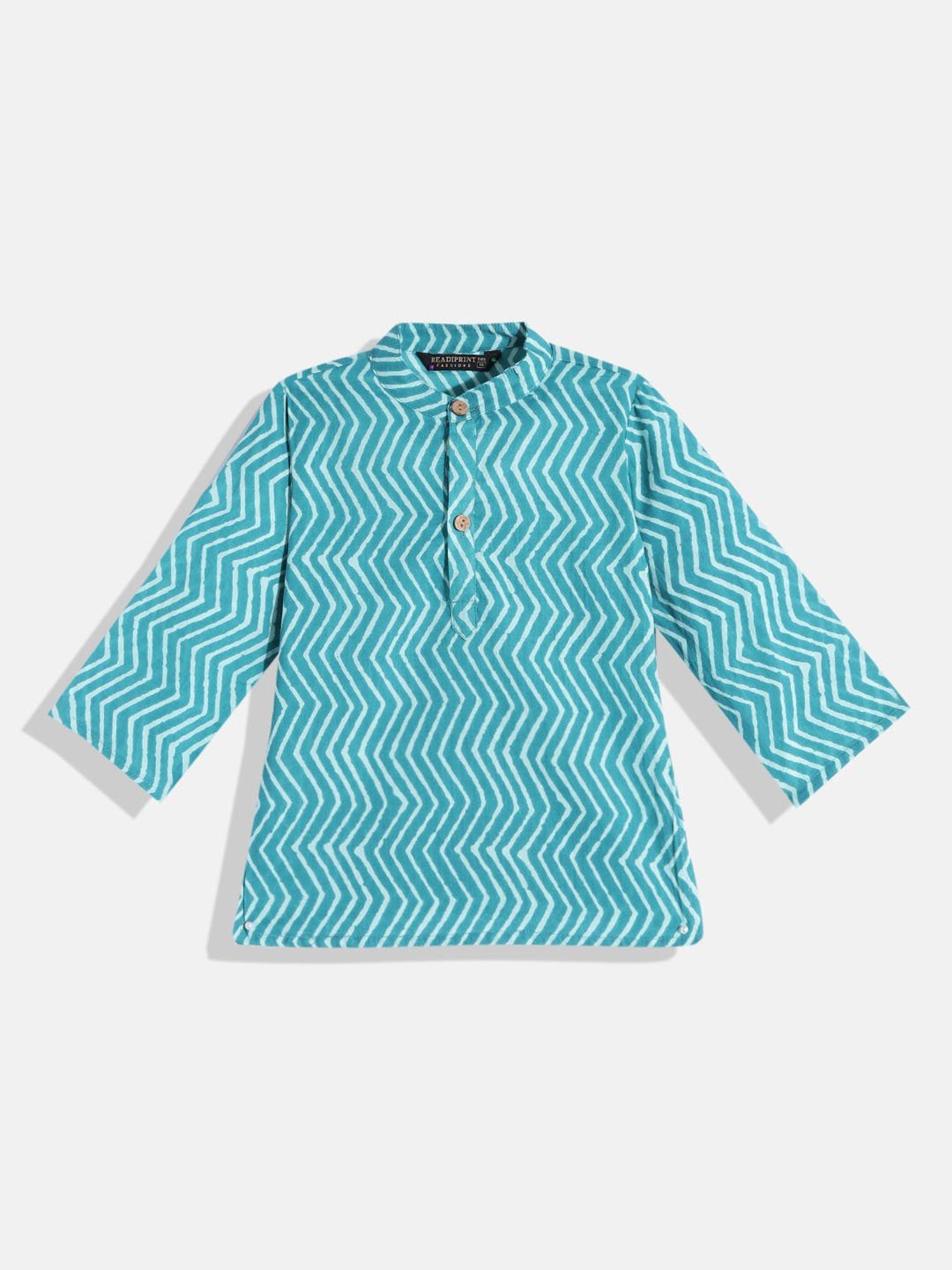 READIPRINT FASHIONS Kids Turquoise & White Printed Full Sleeves Kurta, Nehru Jacket with Pyjamas