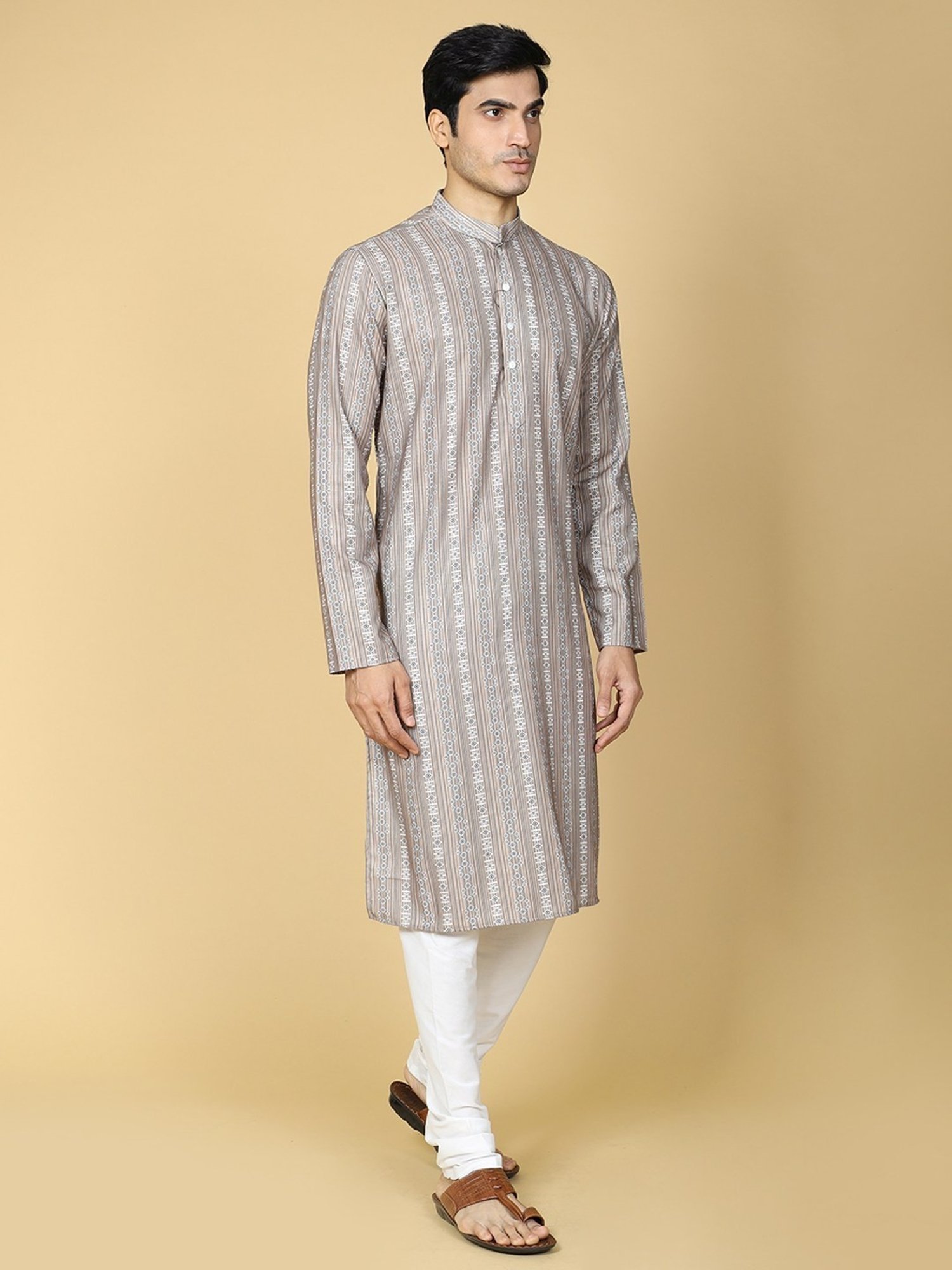 TABARD Mid Beige Cotton Regular Fit Self Pattern Kurta Bottom Set