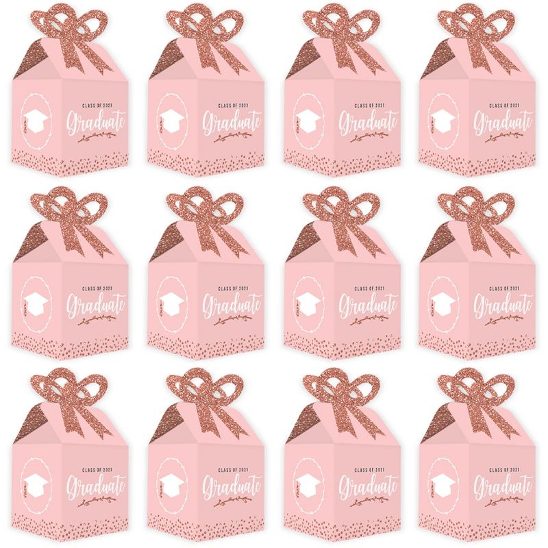 Big Dot of Happiness Rose Gold Grad - Square Favor Gift Boxes - 2021 Graduation Party Bow Boxes - Set of 12