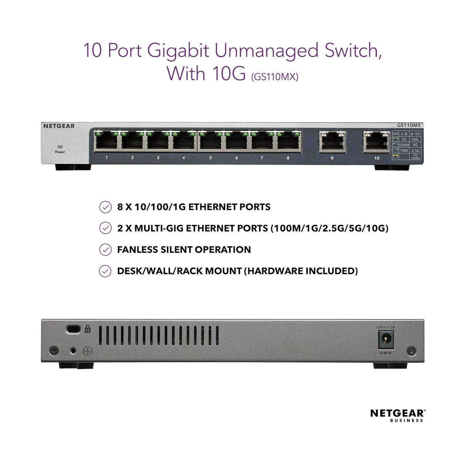 NETGEAR 10-Port Gigabit/10G Ethernet Unmanaged Switch (GS110MX) - with 2 x 10...