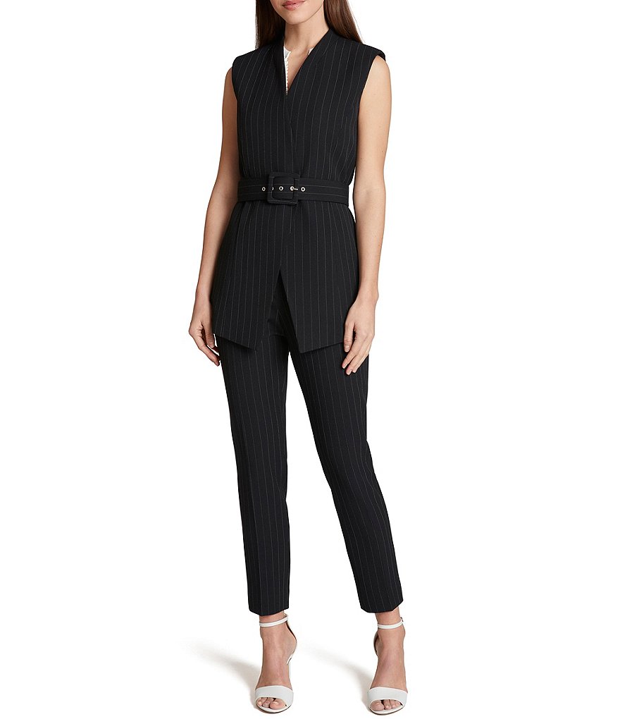 Tahari ASL Belted Pinstripe Collarless Vest