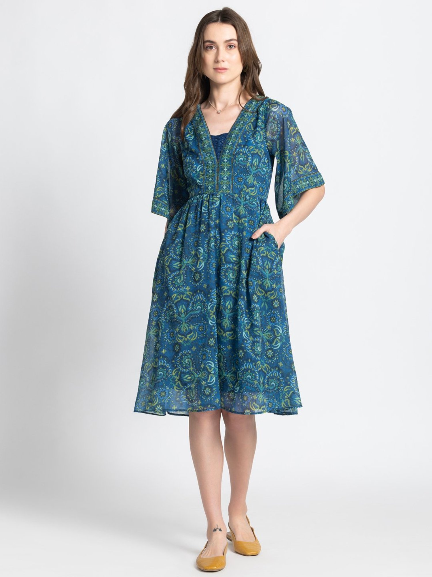 SHAYE Teal & Green Printed A Line Dress