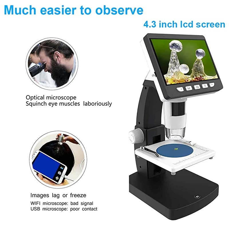 LCD Digital Microscope  43 Inch 50X1000X Magnification 1080P Compound Handheld Microscopes Camera with Rechargeable Battery Mini Hdmi Port 8 LED Lights 8G SD Card and Slides