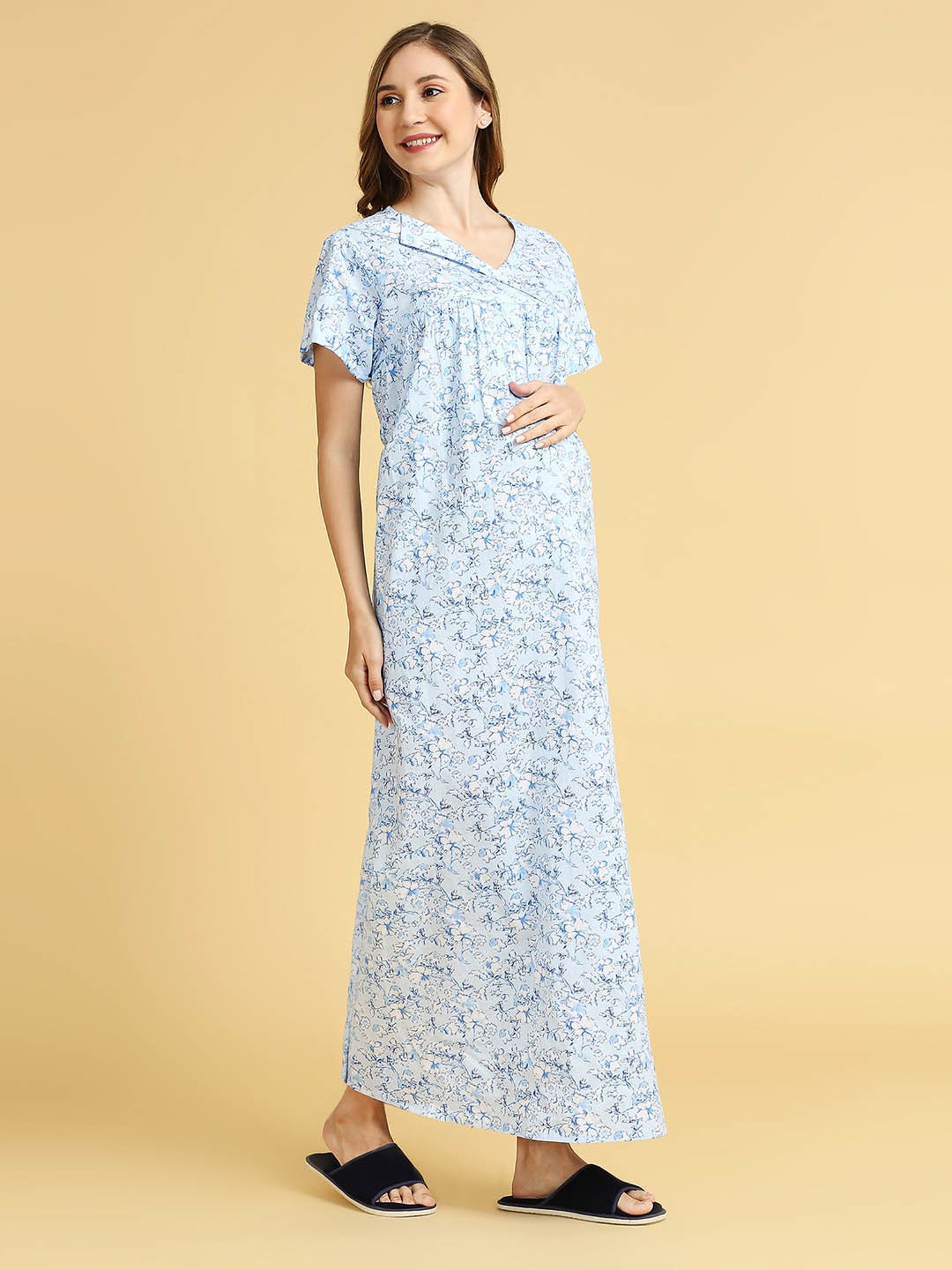 MomToBe Blue Cotton Floral Print Feeding Nighty