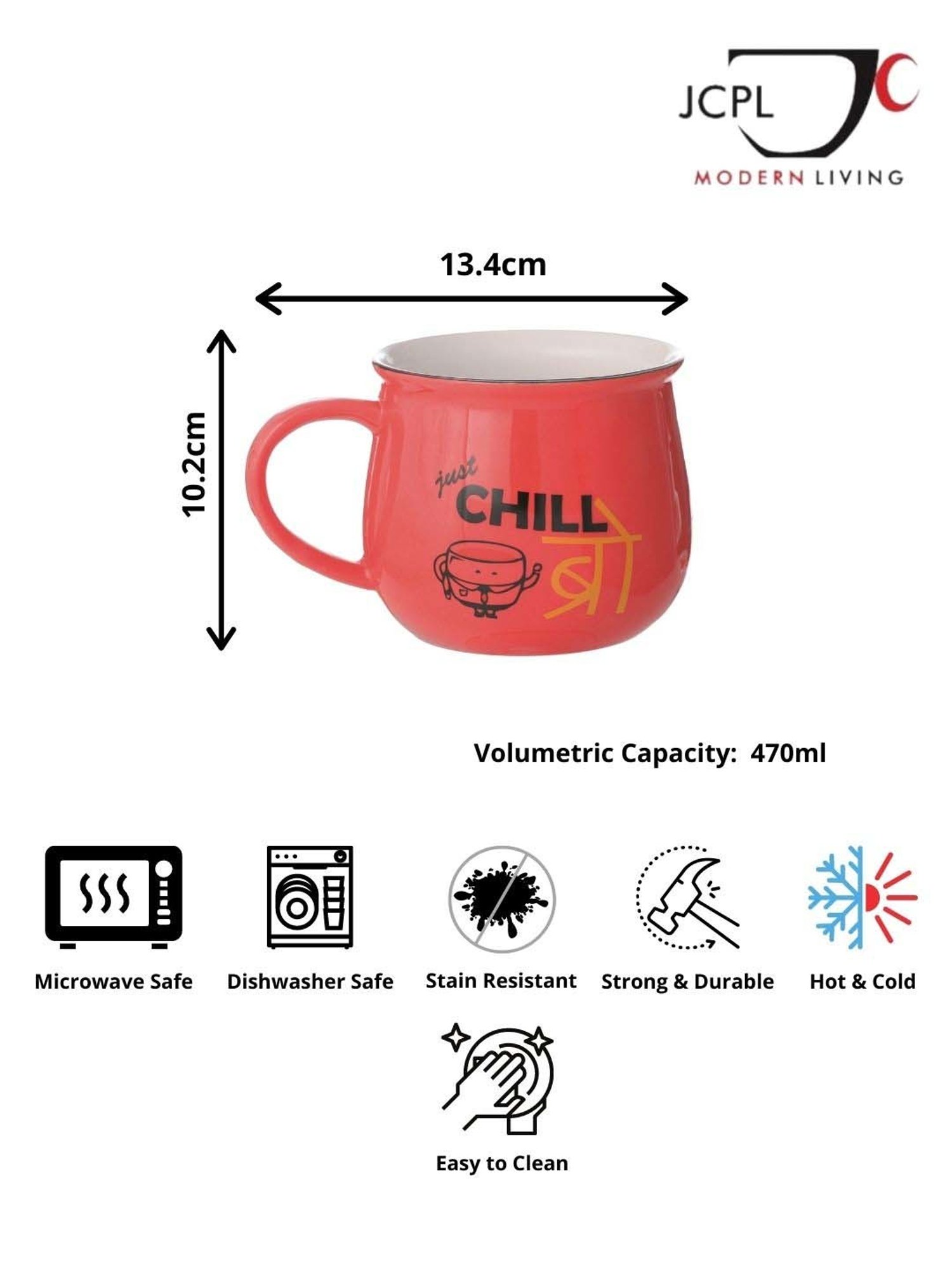 JCPL Red Ceramic 10.2 cm Milk Mug (0.47 L) - Set of 2