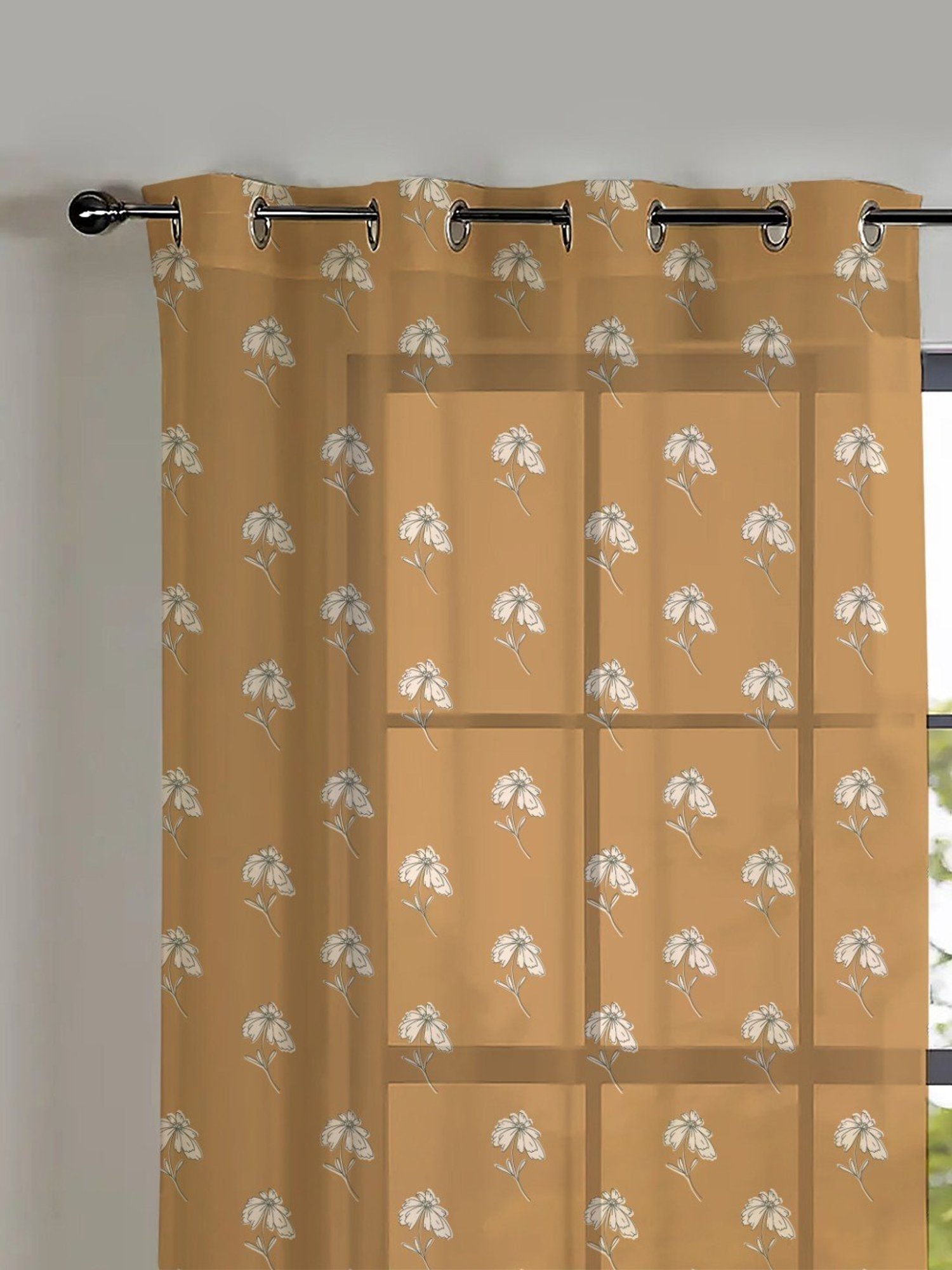 SPACES DRAPE STORY Boho Floral Camel Brown Polyester 5 ft Sheer Window Curtains - Set of 2