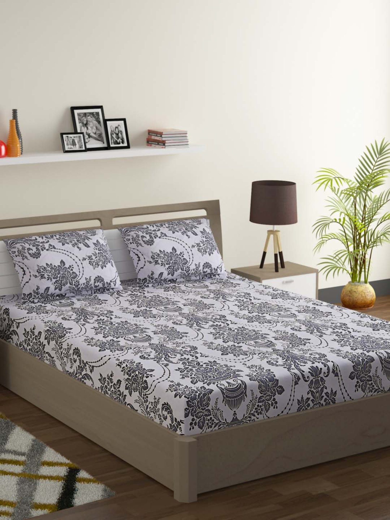 Swayam Sparkle Floral Grey & White 120 TC Cotton Blend Double Bedsheet with 2 Pillow Covers