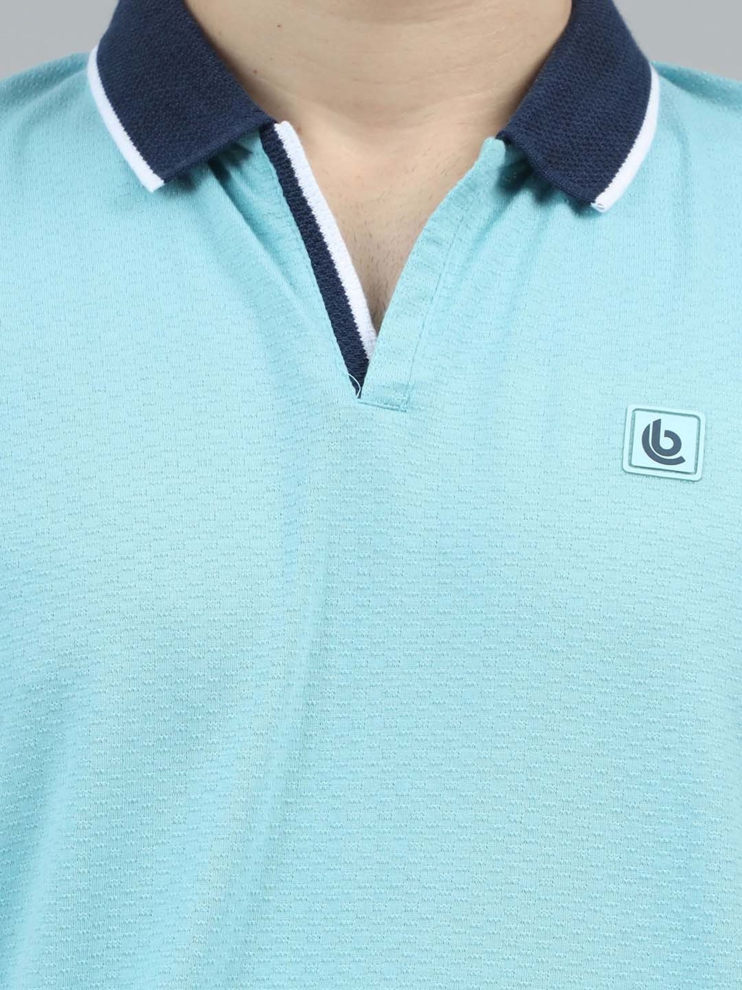 Bushirt Aqua Blue Regular Fit Self Design Cotton Polo T-Shirt