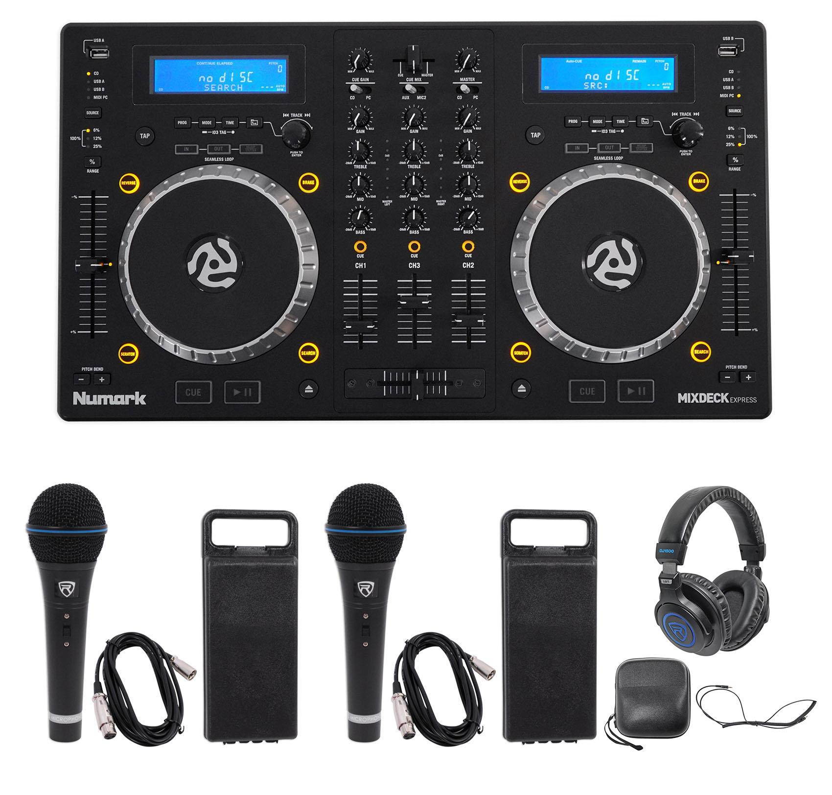 Numark Mixdeck Express DJ Mixer/Controller, Dual CD+USB Playback+Headphones+Mics
